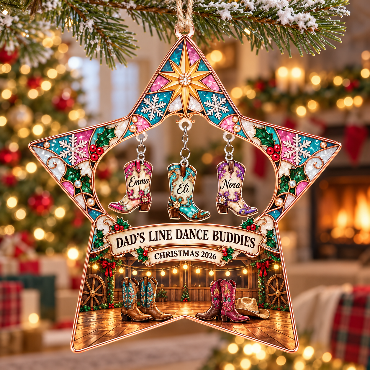 Stained-glass acrylic Christmas ornament with "DAD'S LINE DANCE BUDDIES" and personalised name charms