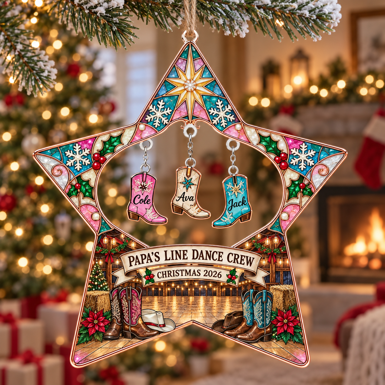 Stained-glass acrylic Christmas ornament with "PAPA'S LINE DANCE CREW" and personalised name charms