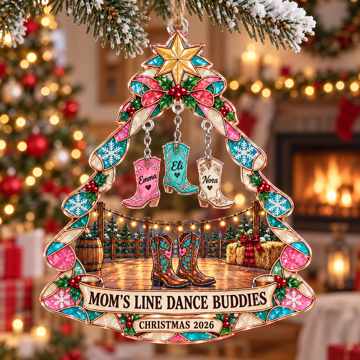 Stained-glass acrylic Christmas ornament with "MOM'S LINE DANCE BUDDIES" and personalised name charms