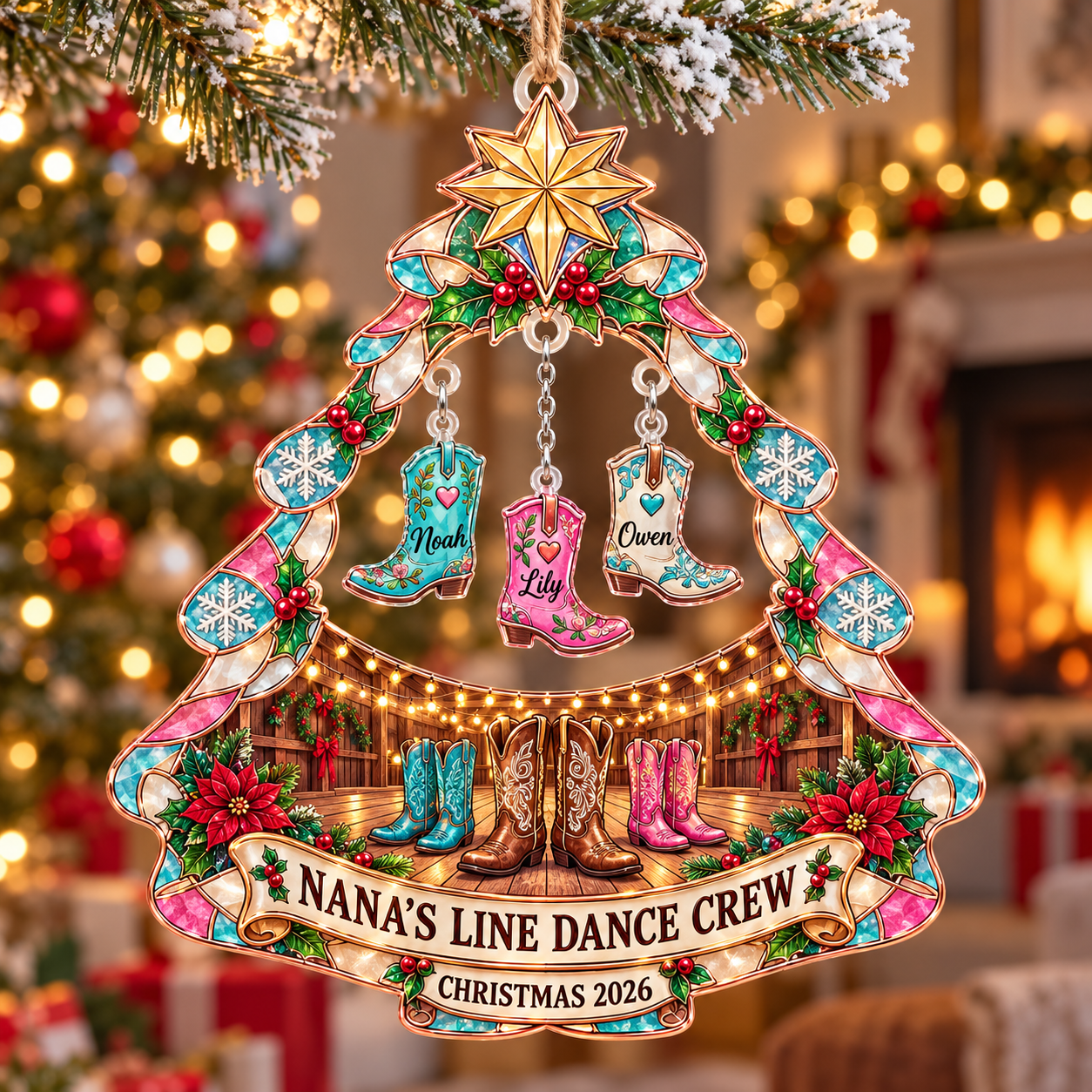 Stained-glass acrylic Christmas ornament with "NANA'S LINE DANCE CREW" and personalised name charms