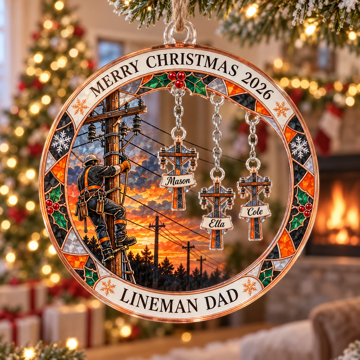Stained-glass acrylic Christmas ornament with "LINEMAN DAD" and personalised name charms