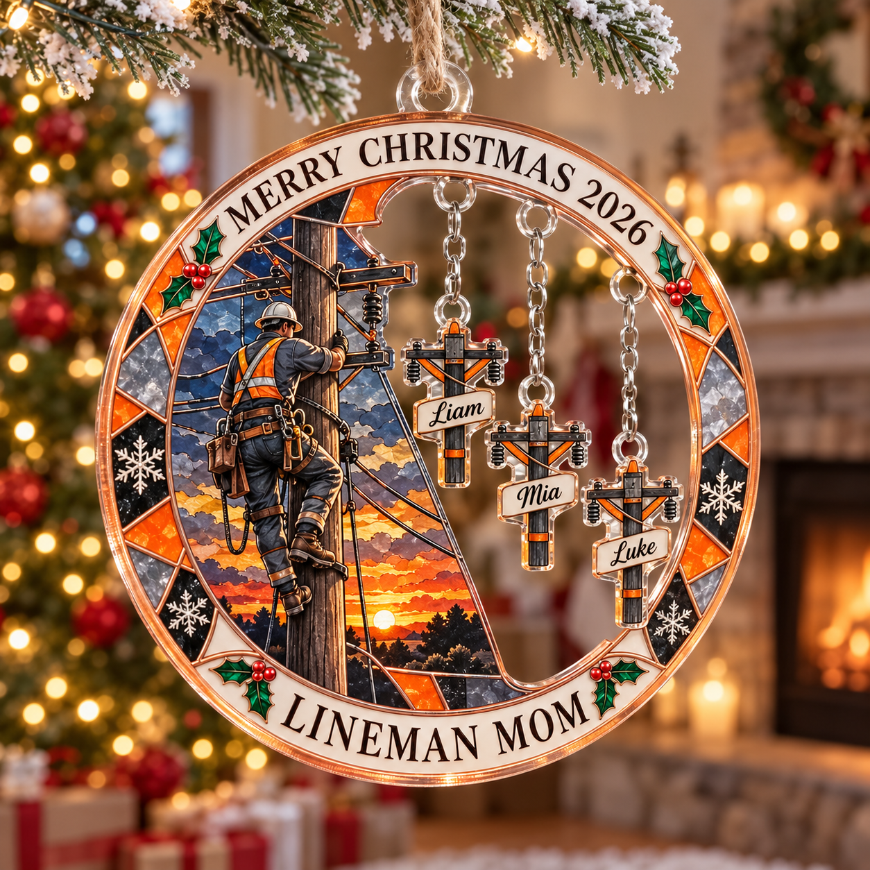 Stained-glass acrylic Christmas ornament with "LINEMAN MOM" and personalised name charms