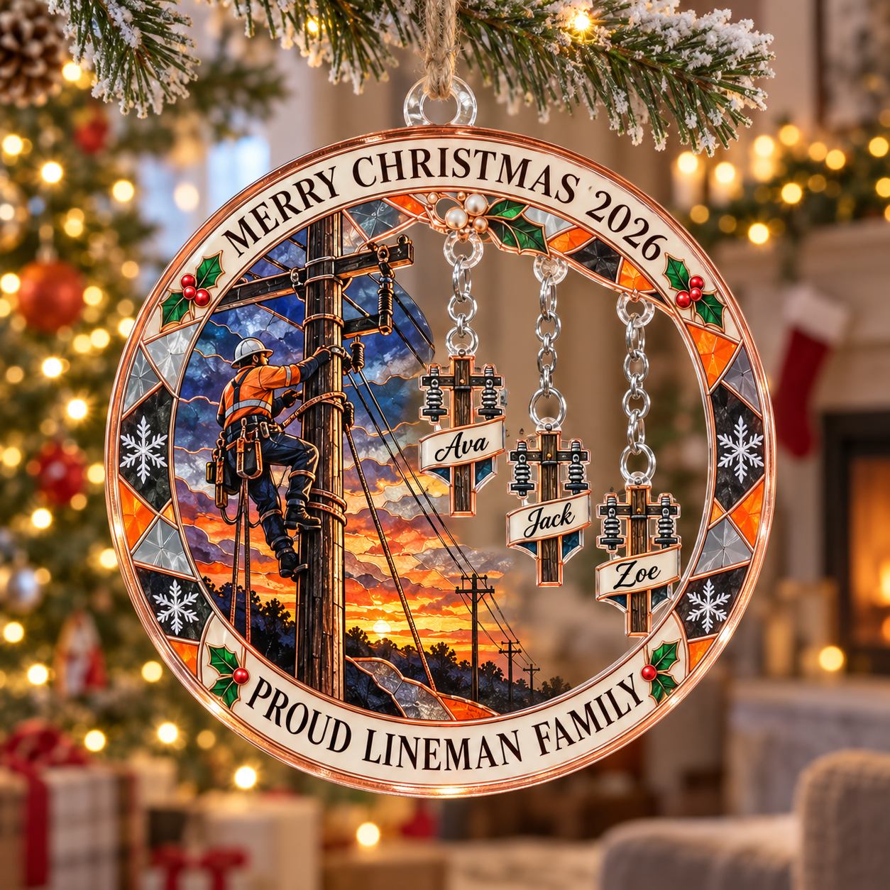 Stained-glass acrylic Christmas ornament with "PROUD LINEMAN FAMILY" and personalised name charms
