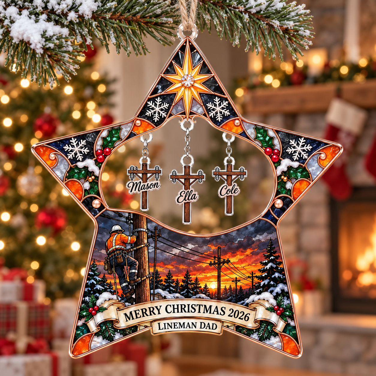 Stained-glass acrylic Christmas ornament with "LINEMAN DAD" and personalised name charms
