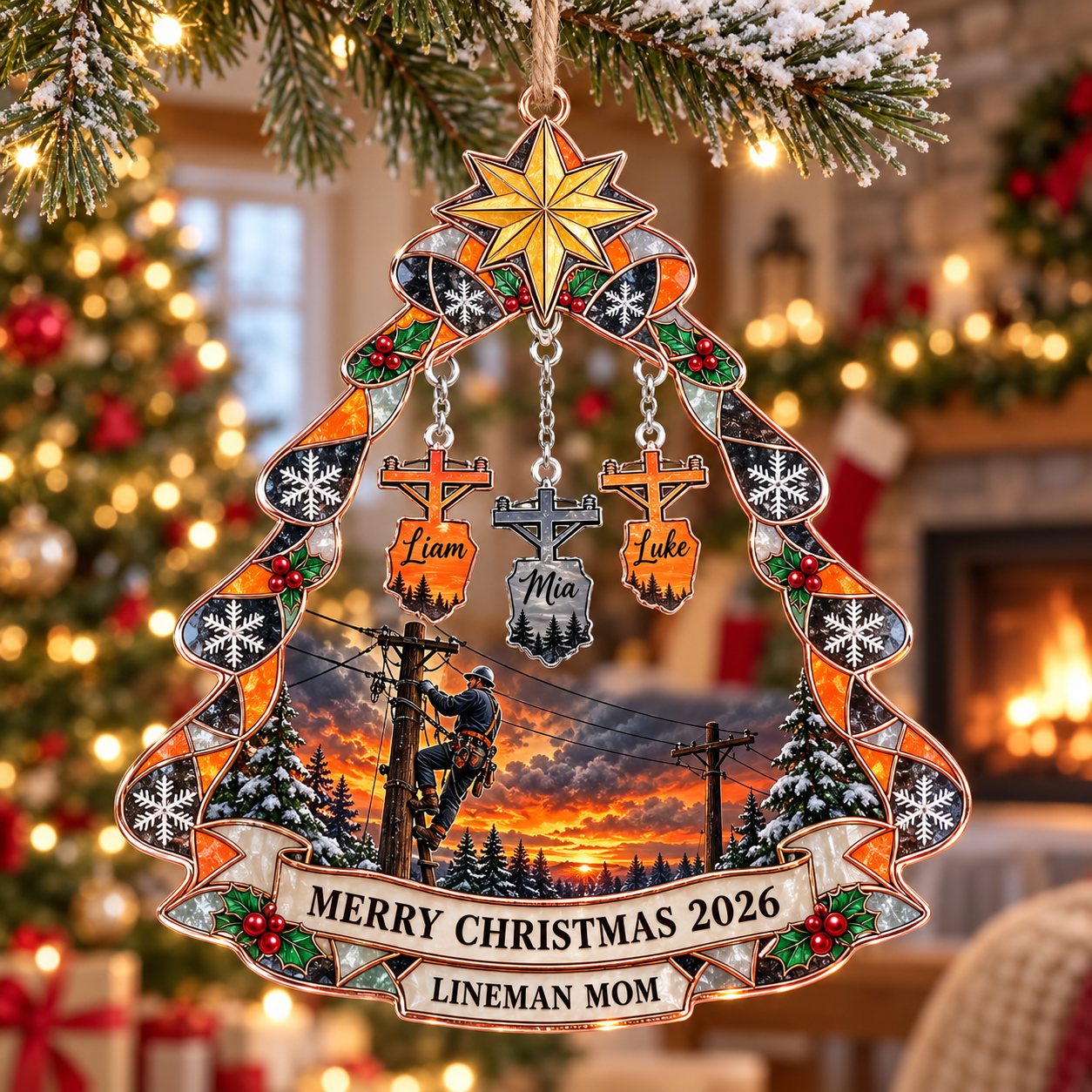 Stained-glass acrylic Christmas ornament with "LINEMAN MOM" and personalised name charms