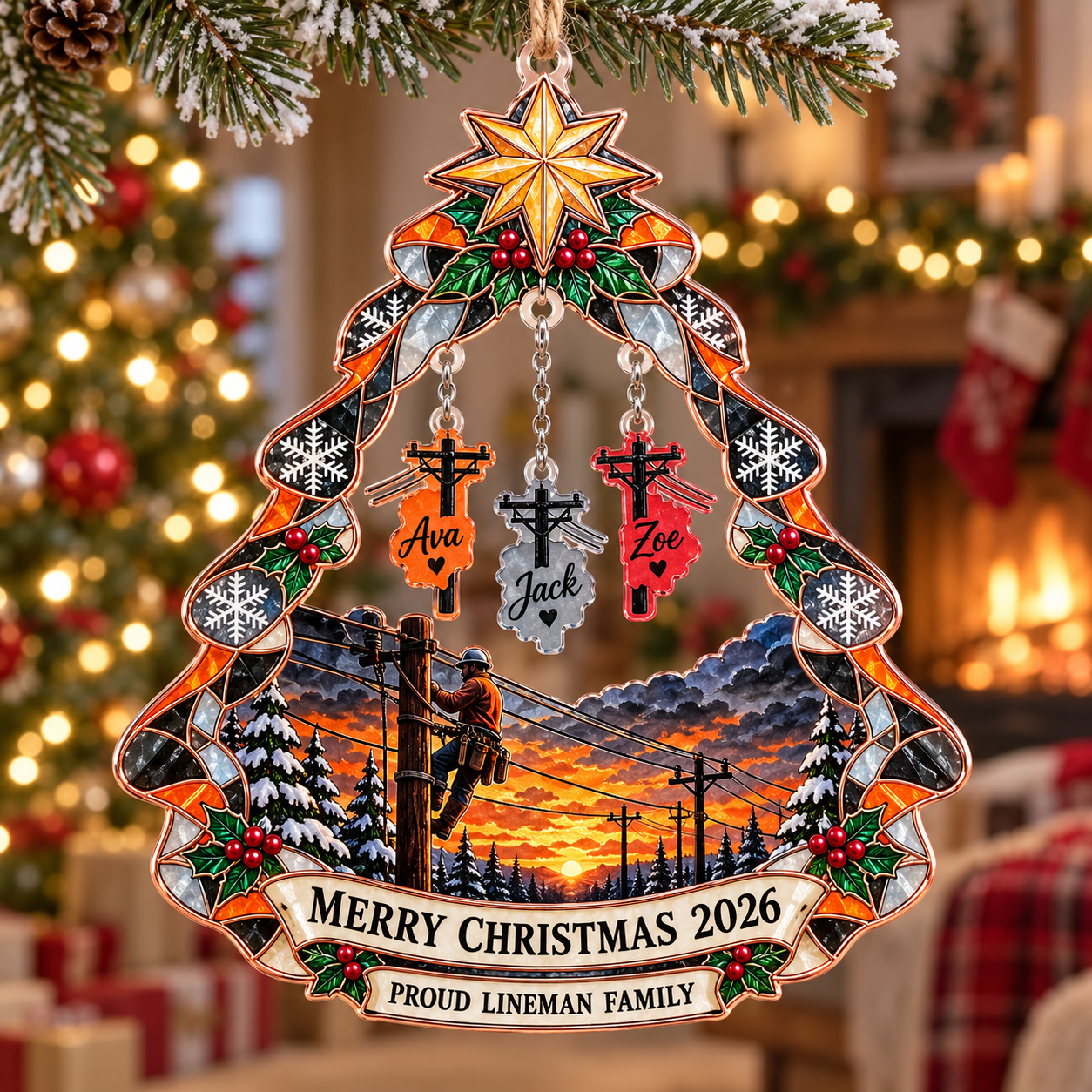 Stained-glass acrylic Christmas ornament with "PROUD LINEMAN FAMILY" and personalised name charms