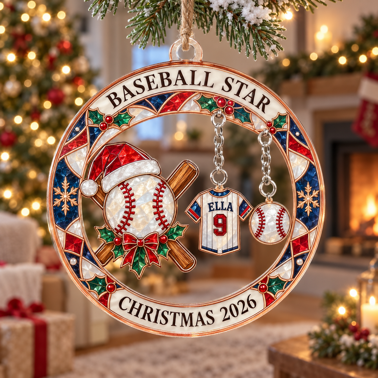 Stained-glass acrylic Christmas ornament with "BASEBALL STAR" and personalised name charms