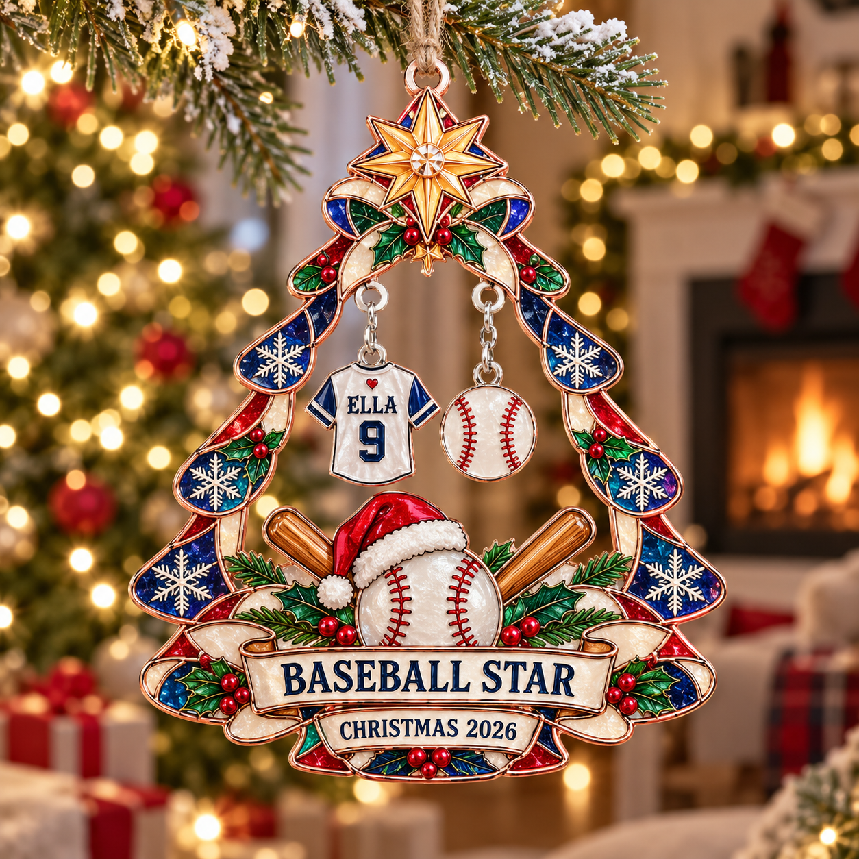 Stained-glass acrylic Christmas ornament with "BASEBALL STAR" and personalised name charms