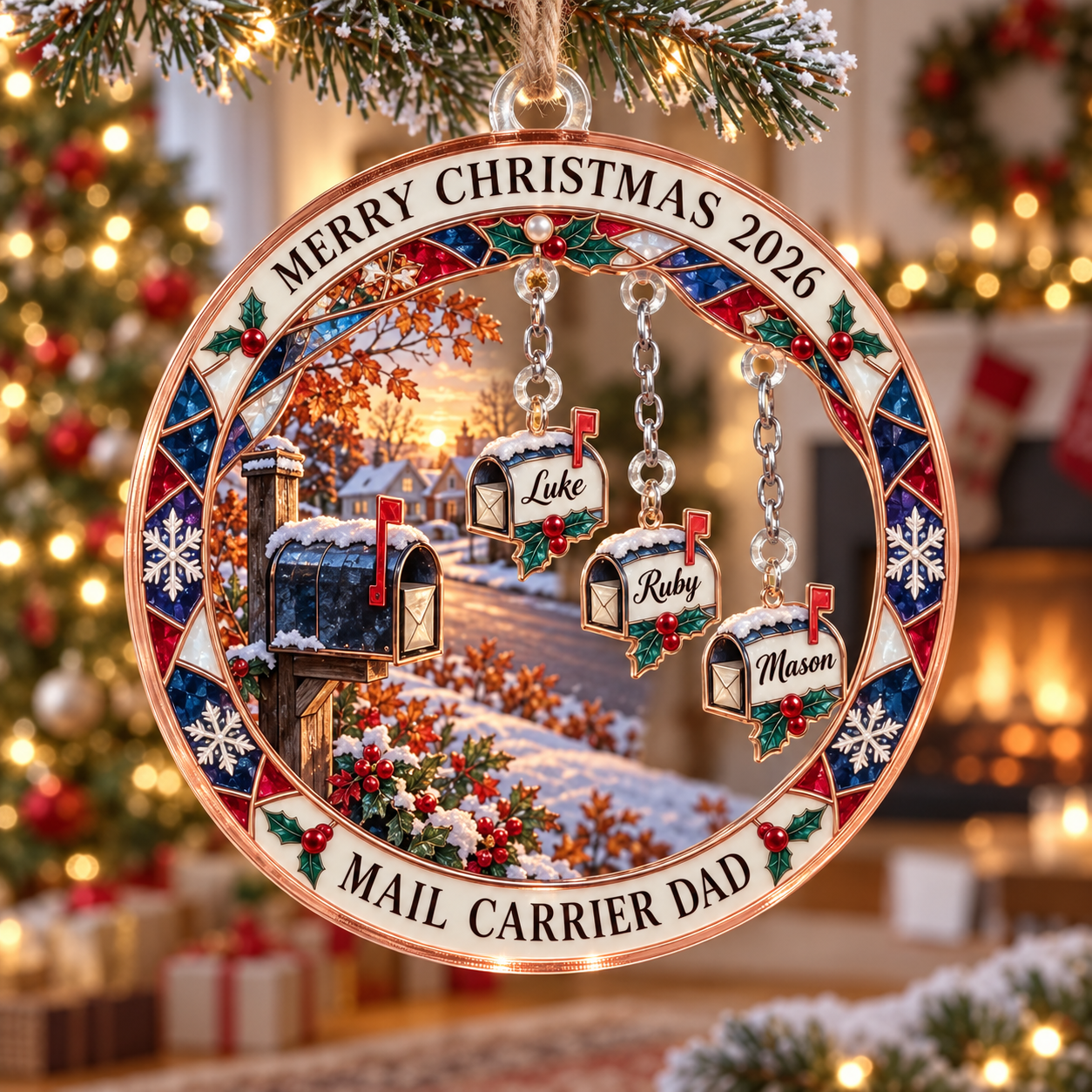 Stained-glass acrylic Christmas ornament with "MAIL CARRIER DAD" and personalised name charms