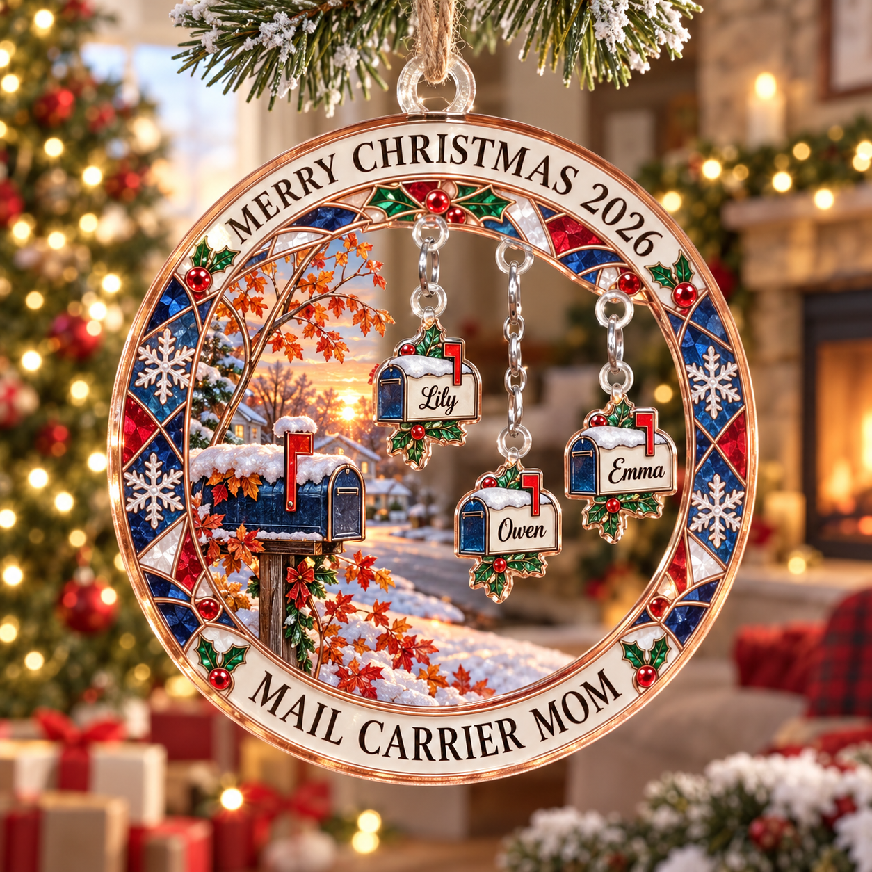 Stained-glass acrylic Christmas ornament with "MAIL CARRIER MOM" and personalised name charms
