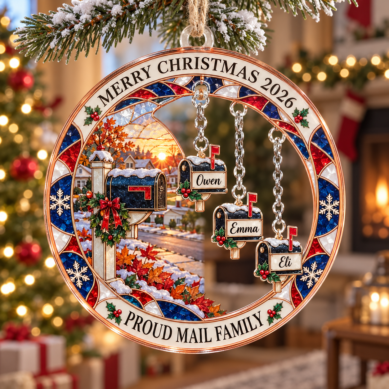 Stained-glass acrylic Christmas ornament with "PROUD MAIL FAMILY" and personalised name charms