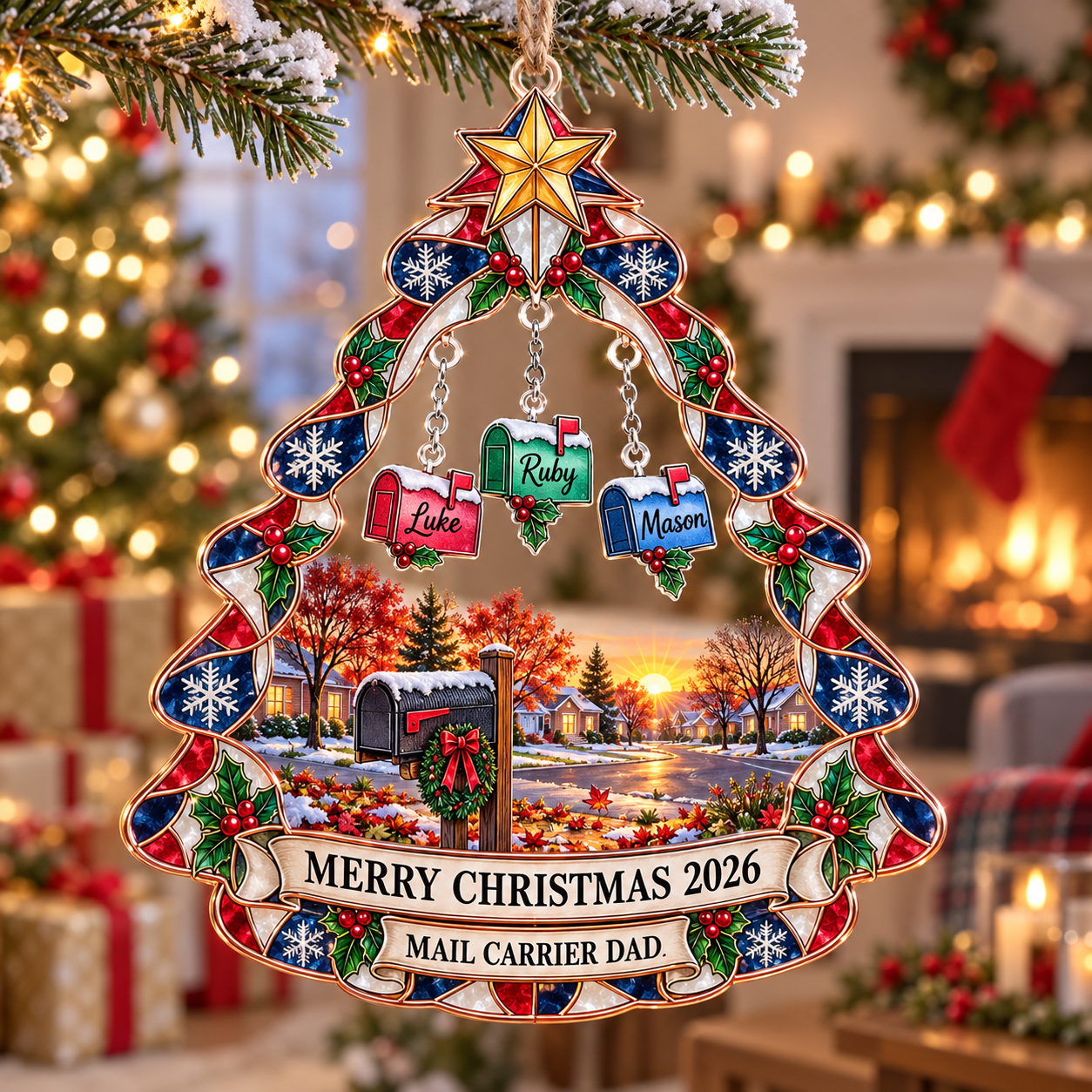 Stained-glass acrylic Christmas ornament with "MAIL CARRIER DAD" and personalised name charms