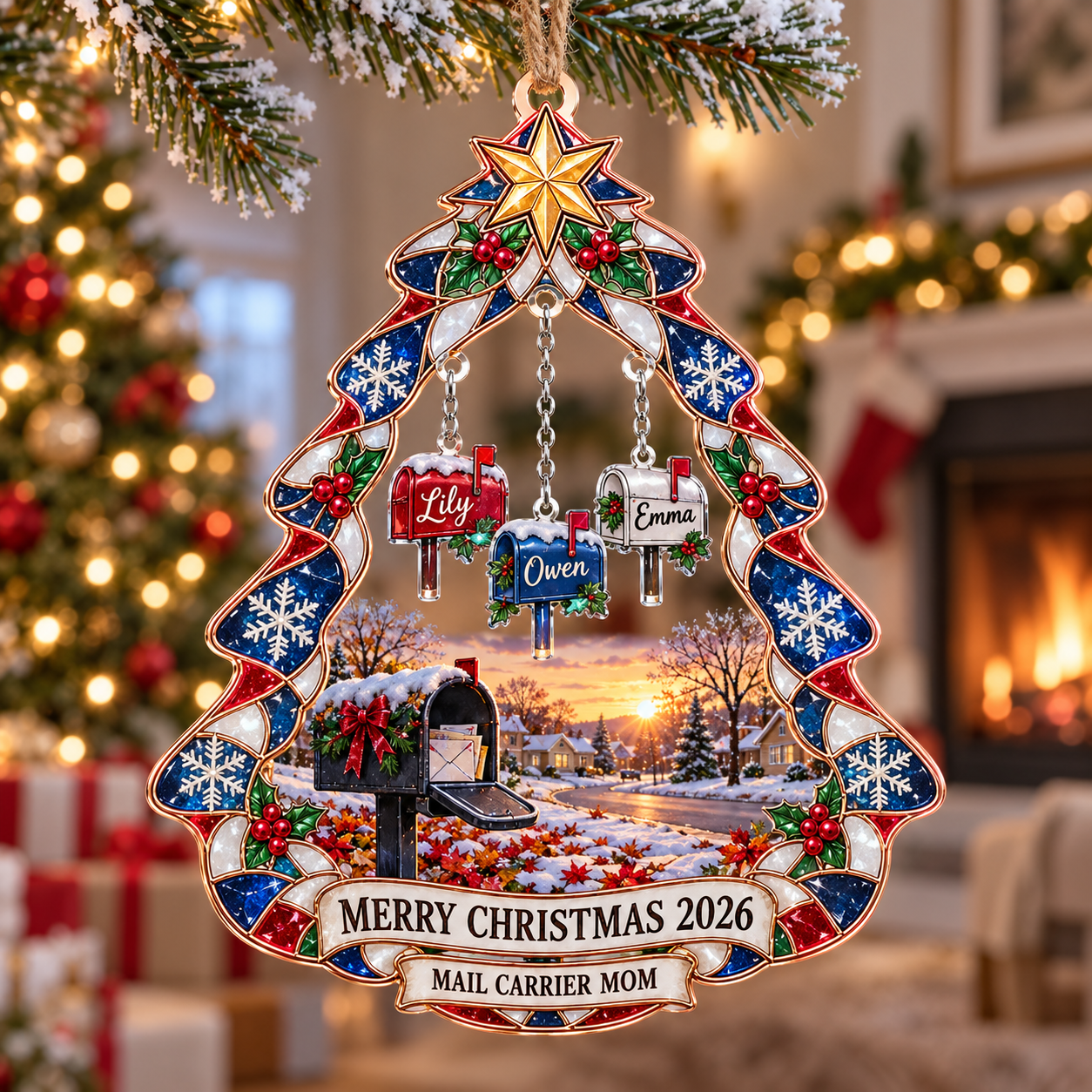 Stained-glass acrylic Christmas ornament with "MAIL CARRIER MOM" and personalised name charms