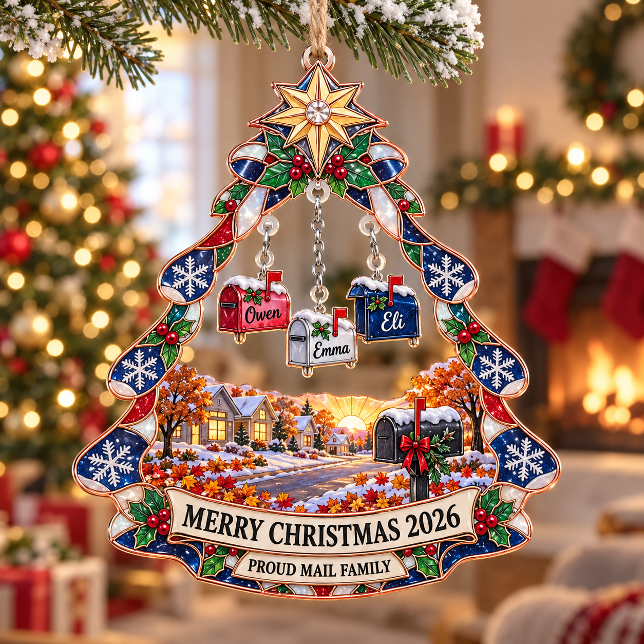 Stained-glass acrylic Christmas ornament with "PROUD MAIL FAMILY" and personalised name charms