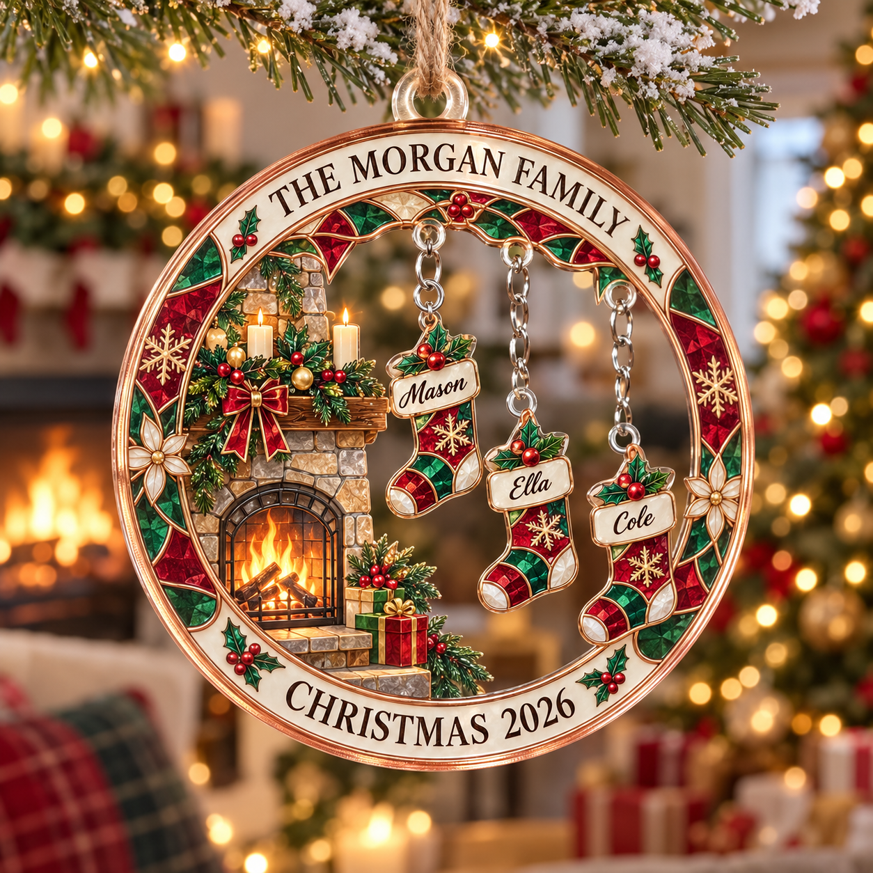 Stained-glass acrylic Christmas ornament with "THE MORGAN FAMILY" and personalised name charms