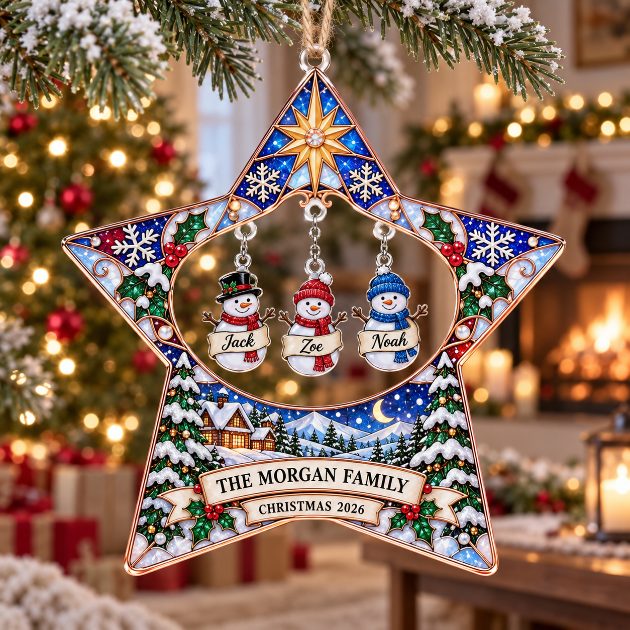 Stained-glass acrylic Christmas ornament with "THE MORGAN FAMILY" and personalised name charms