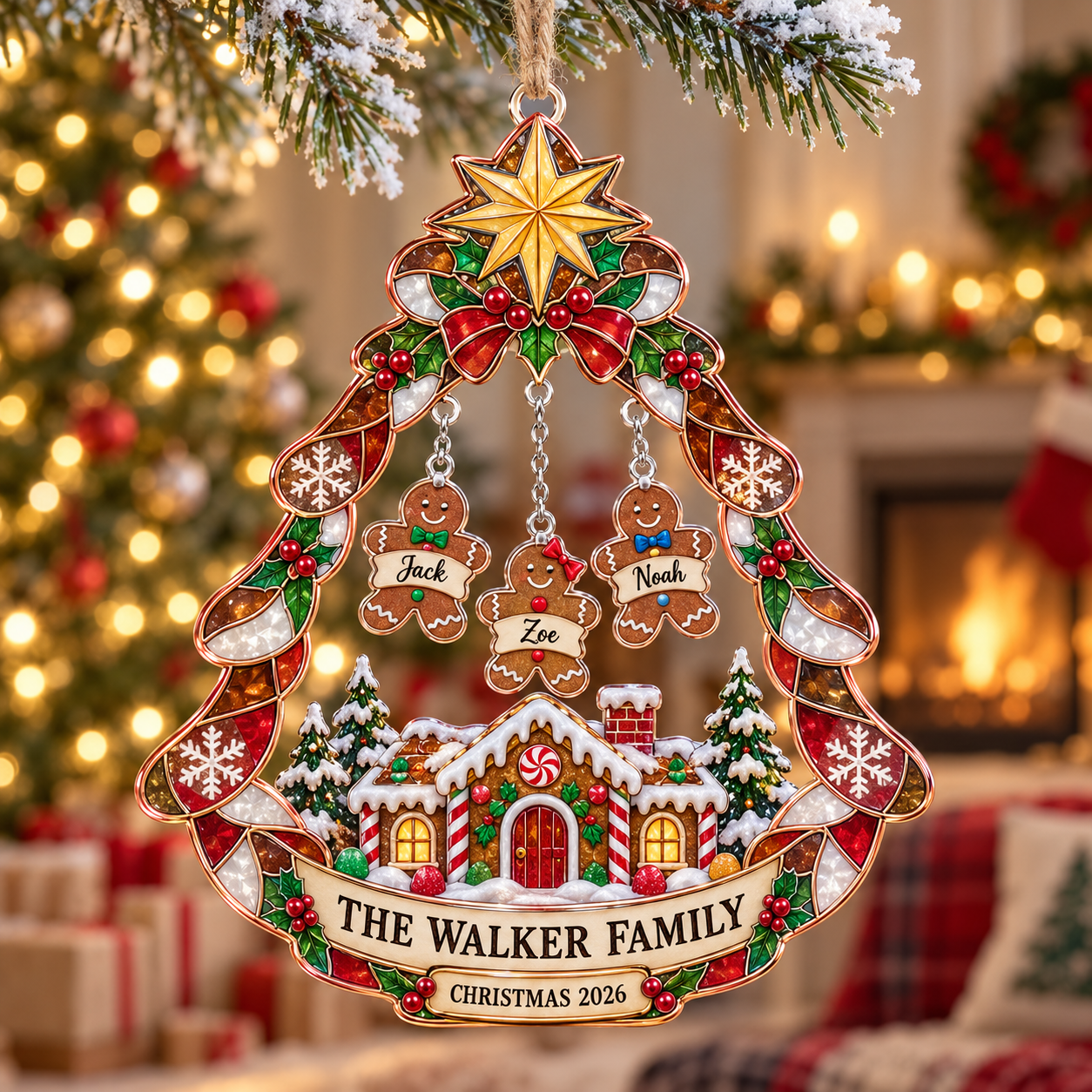 Stained-glass acrylic Christmas ornament with "THE WALKER FAMILY" and personalised name charms