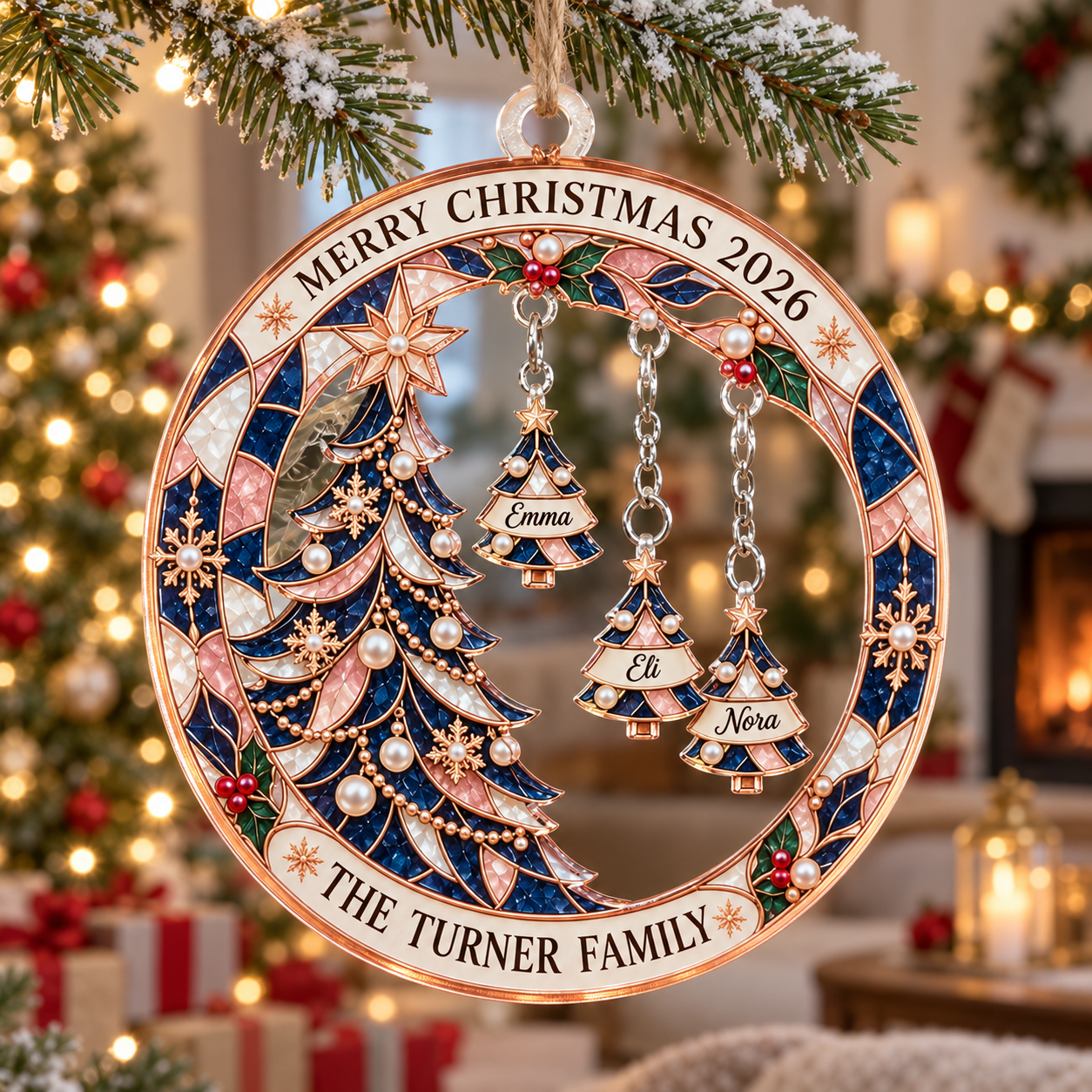 Stained-glass acrylic Christmas ornament with "THE TURNER FAMILY" and personalised name charms