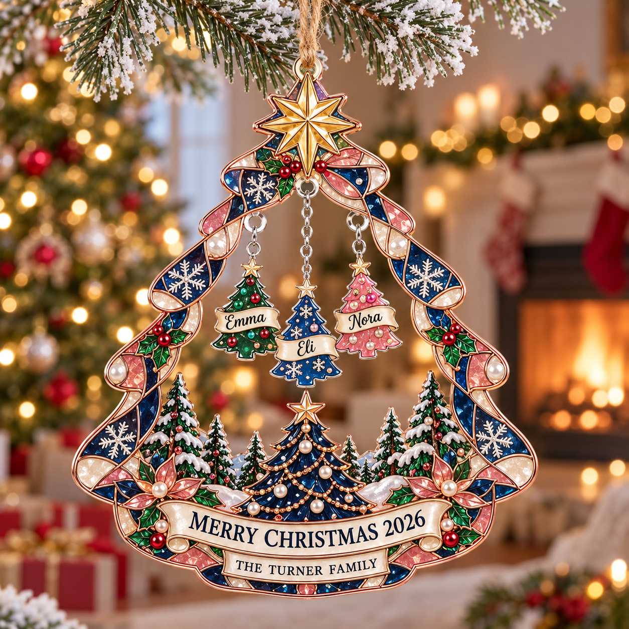 Stained-glass acrylic Christmas ornament with "THE TURNER FAMILY" and personalised name charms