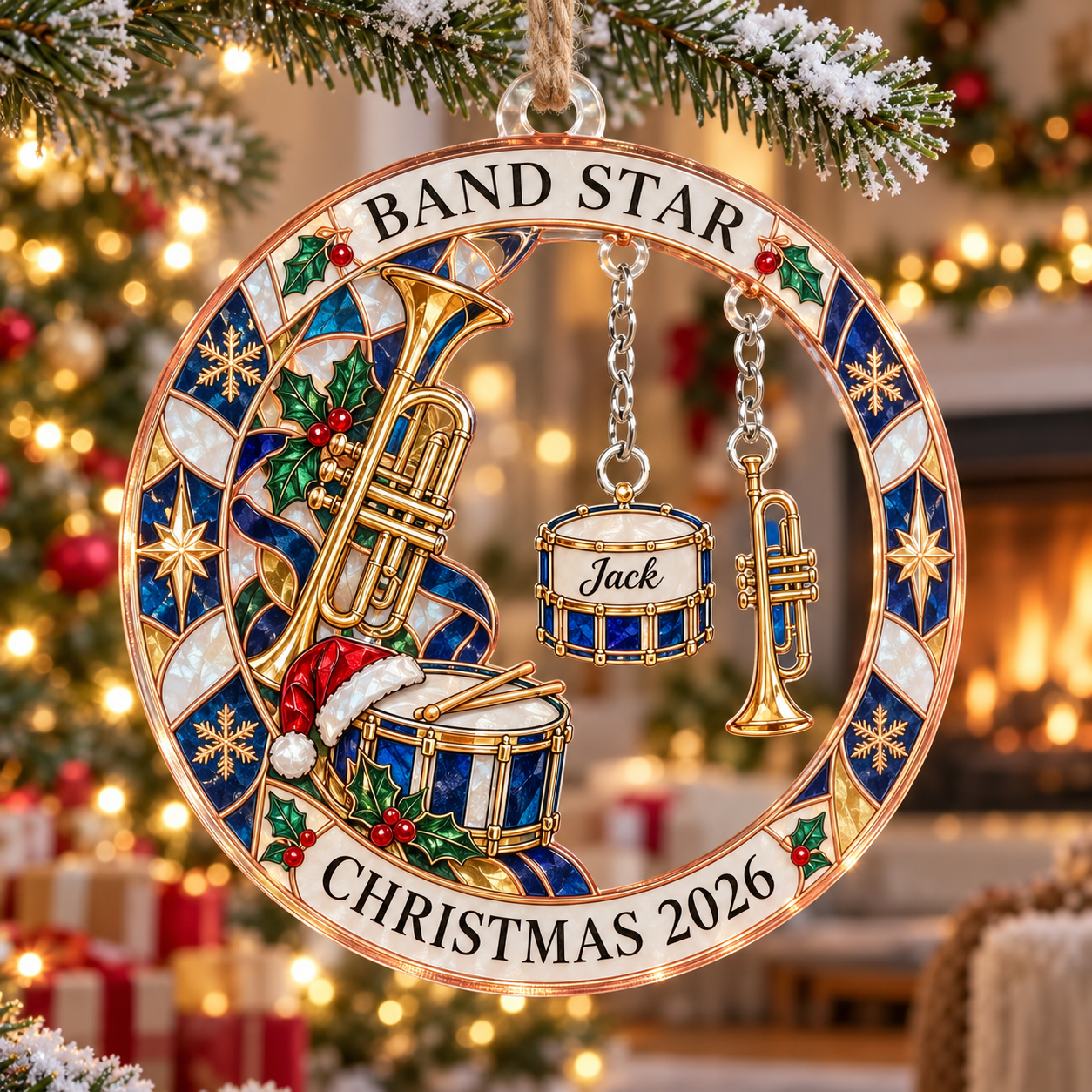 Stained-glass acrylic Christmas ornament with "BAND STAR" and personalised name charms