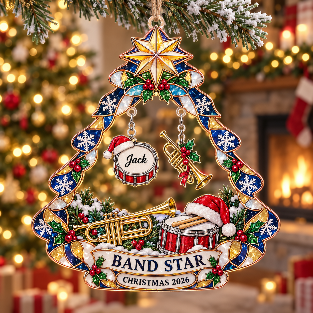 Stained-glass acrylic Christmas ornament with "BAND STAR" and personalised name charms