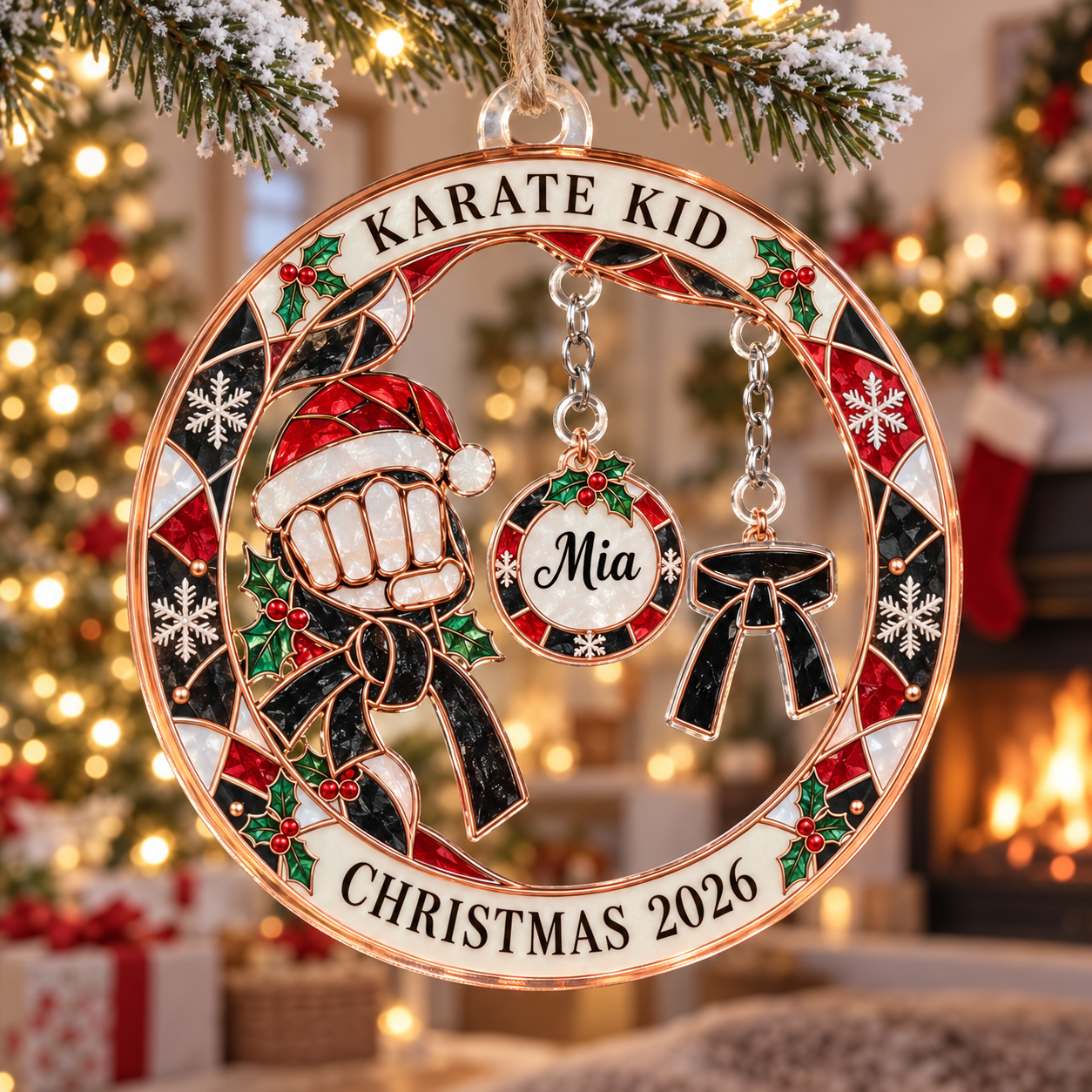 Stained-glass acrylic Christmas ornament with "KARATE KID" and personalised name charms
