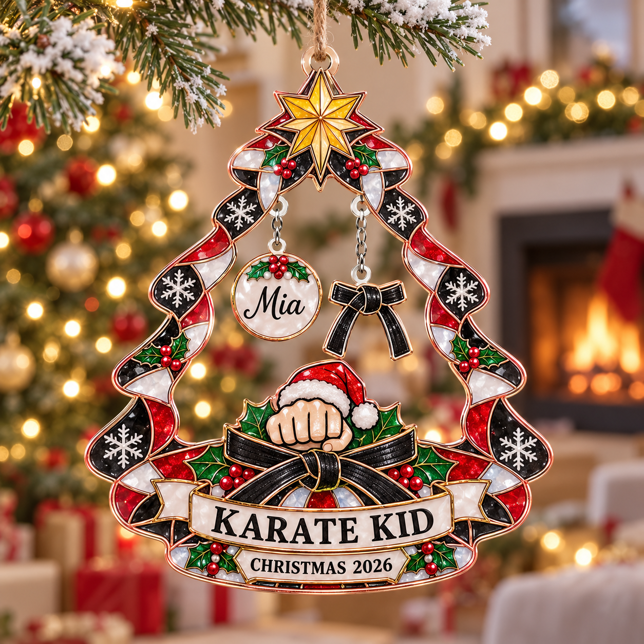 Stained-glass acrylic Christmas ornament with "KARATE KID" and personalised name charms