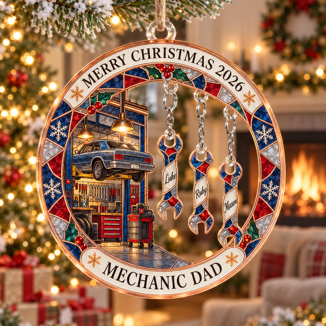 Stained-glass acrylic Christmas ornament with "MECHANIC DAD" and personalised name charms