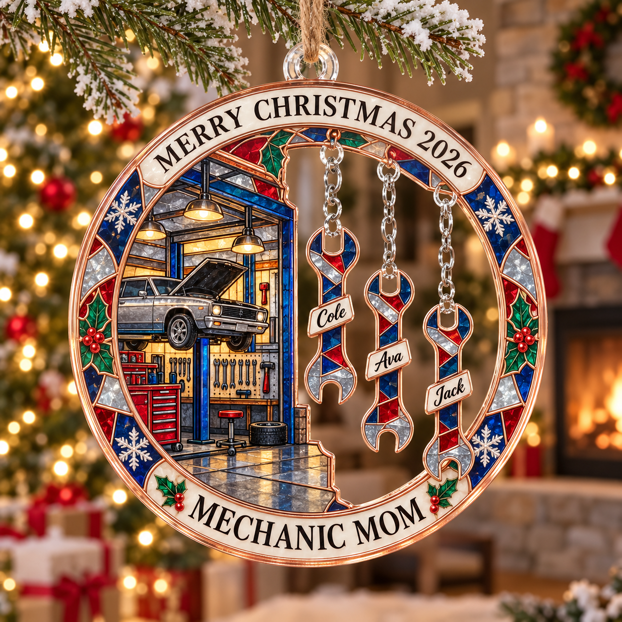 Stained-glass acrylic Christmas ornament with "MECHANIC MOM" and personalised name charms