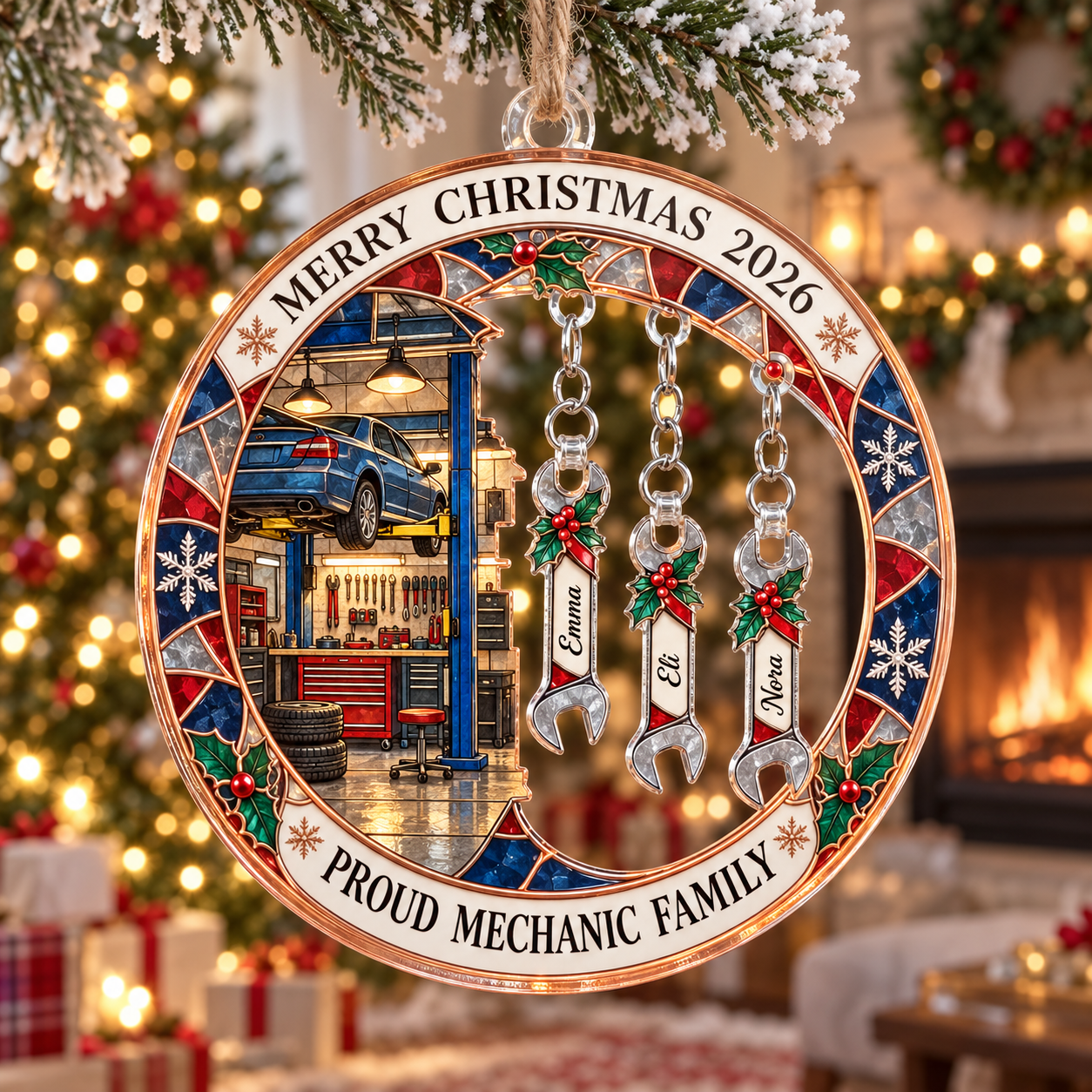 Stained-glass acrylic Christmas ornament with "PROUD MECHANIC FAMILY" and personalised name charms