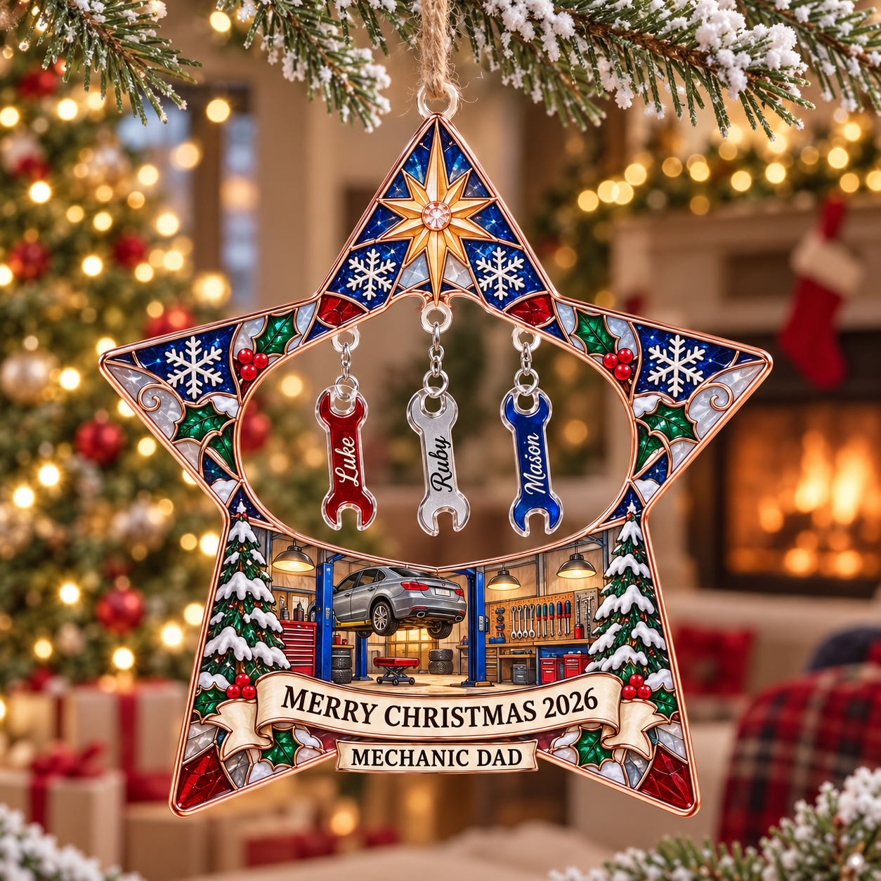 Stained-glass acrylic Christmas ornament with "MECHANIC DAD" and personalised name charms