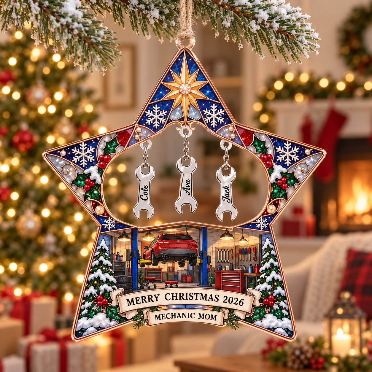 Stained-glass acrylic Christmas ornament with "MECHANIC MOM" and personalised name charms
