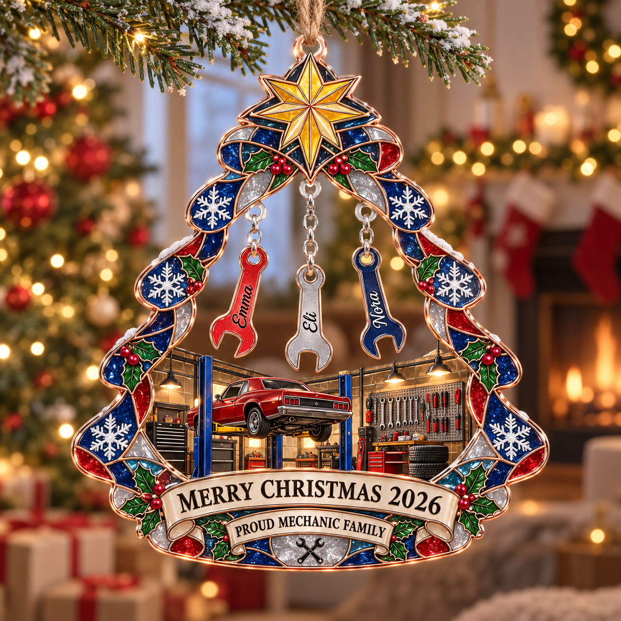 Stained-glass acrylic Christmas ornament with "PROUD MECHANIC FAMILY" and personalised name charms