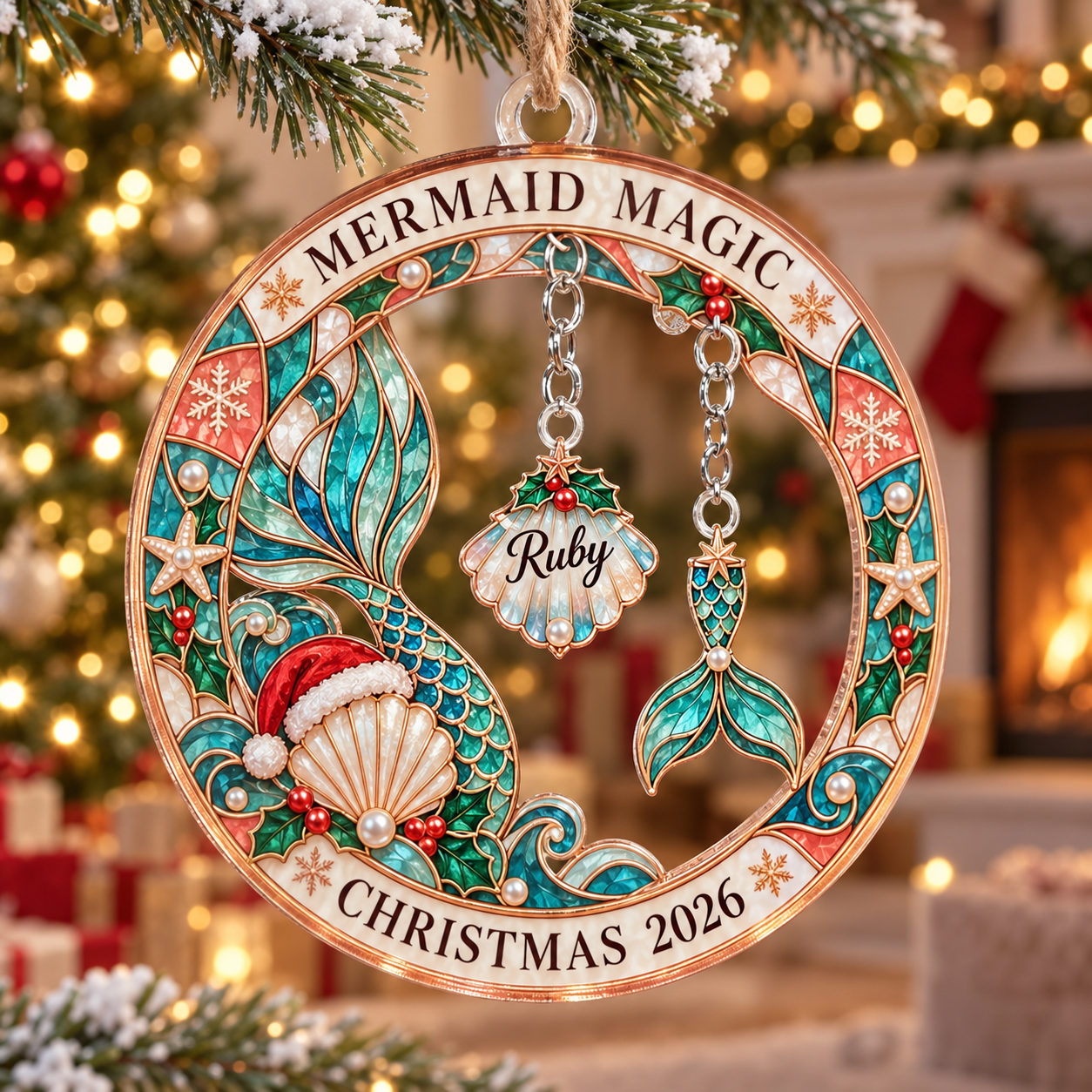 Stained-glass acrylic Christmas ornament with "MERMAID MAGIC" and personalised name charms