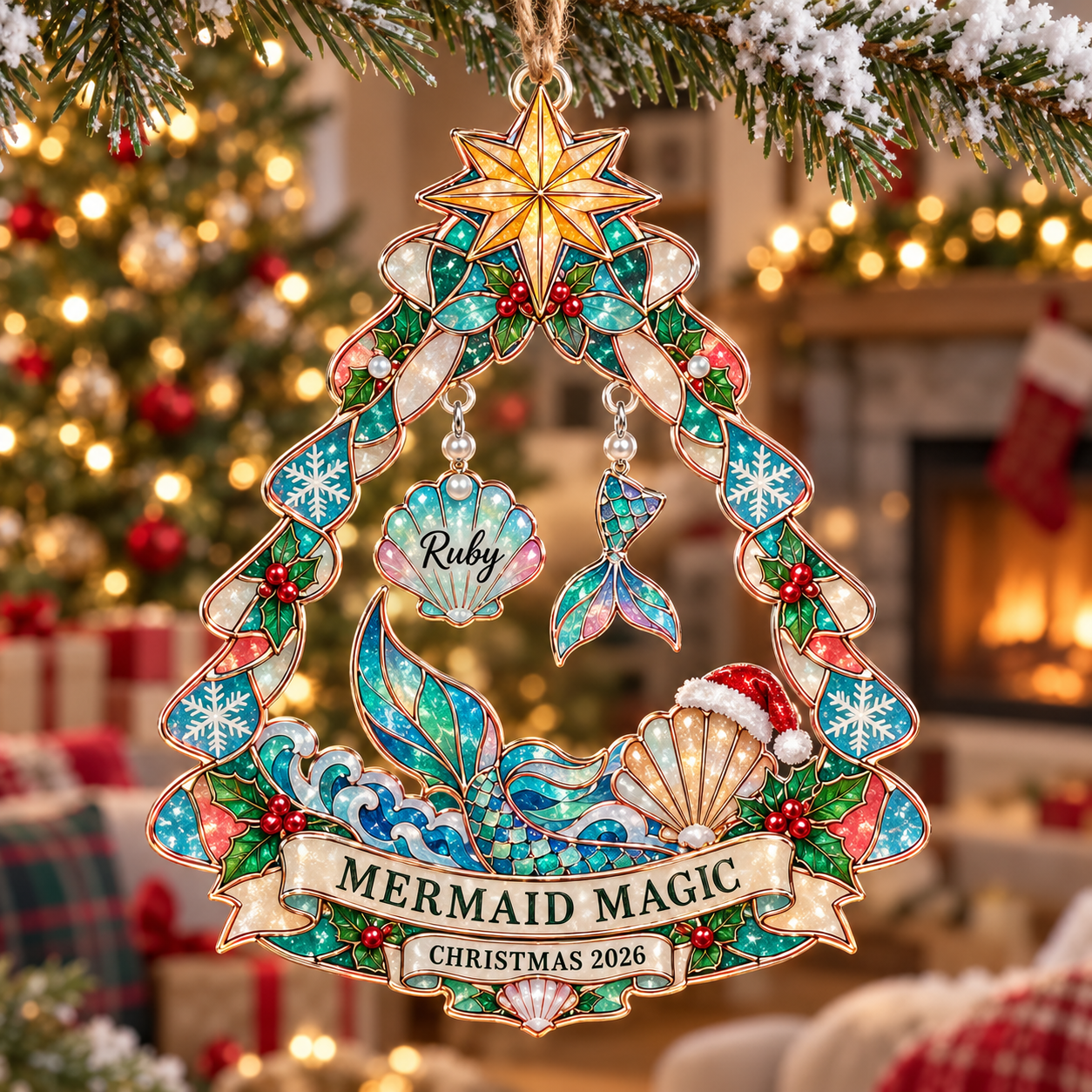 Stained-glass acrylic Christmas ornament with "MERMAID MAGIC" and personalised name charms