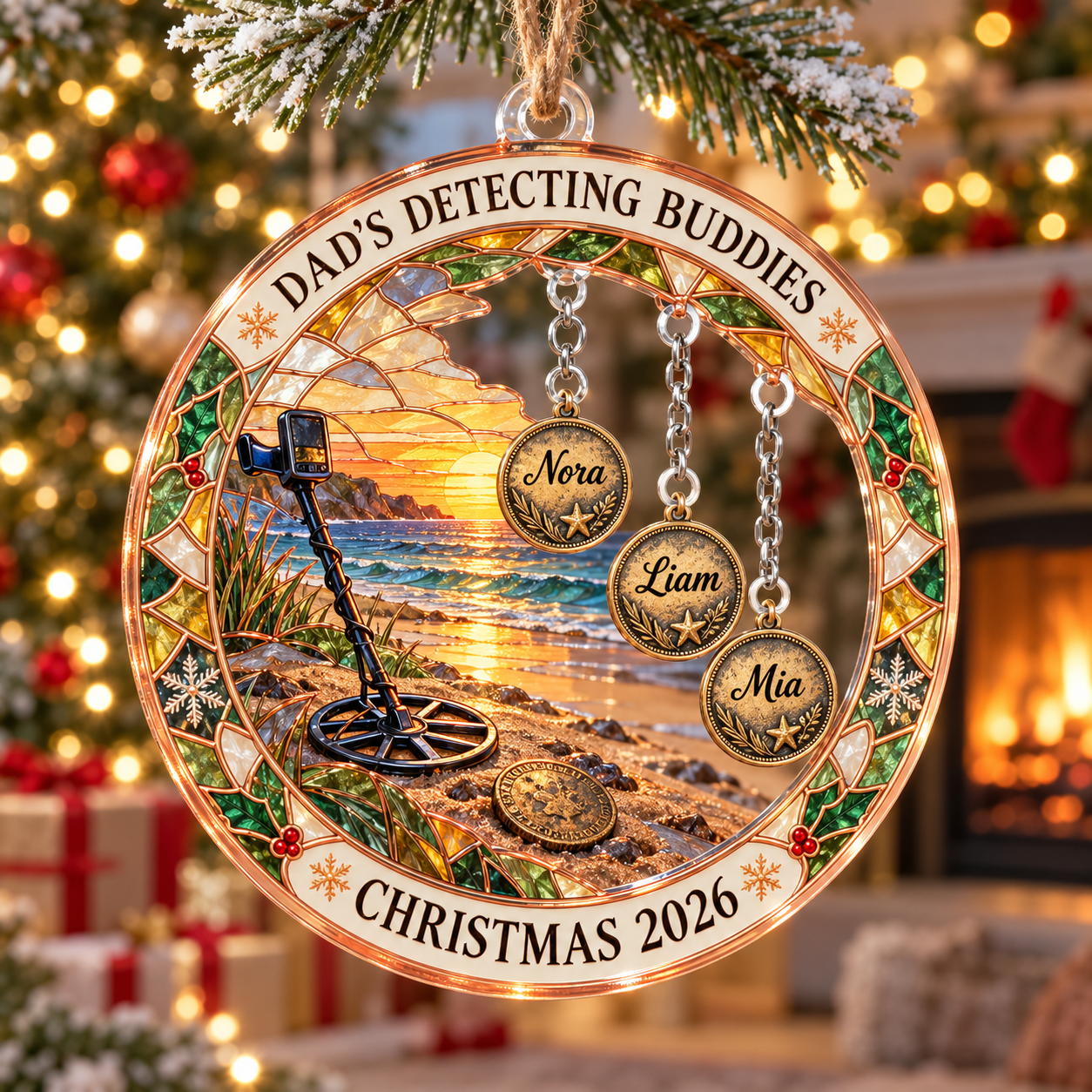 Stained-glass acrylic Christmas ornament with "DAD'S DETECTING BUDDIES" and personalised name charms