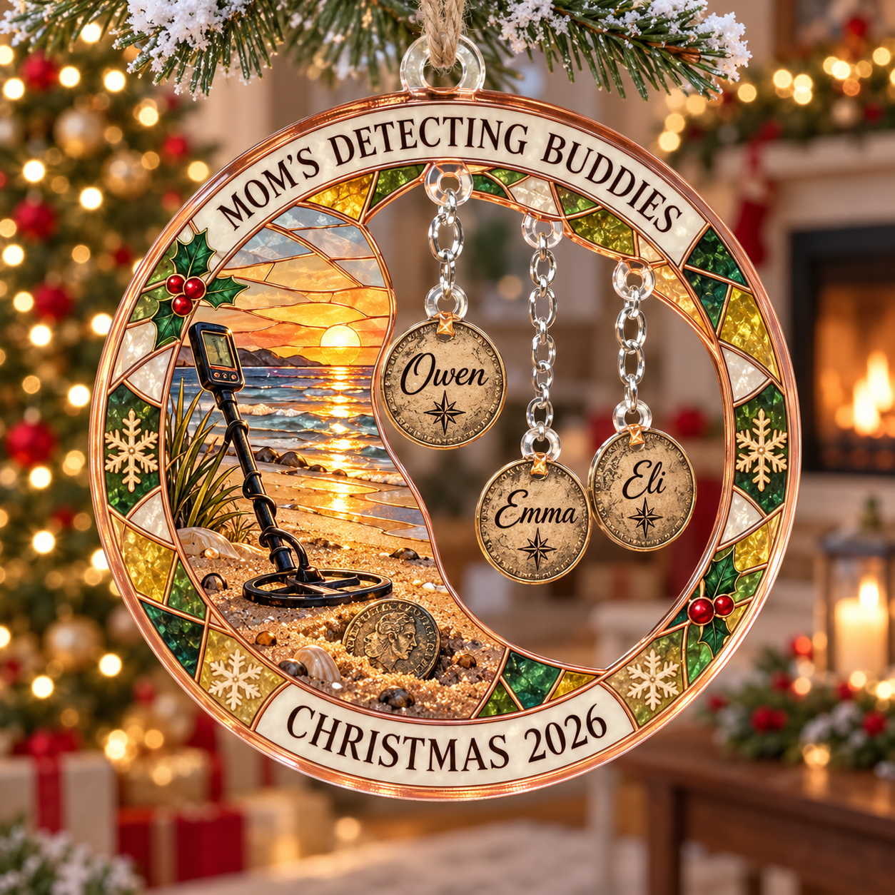 Stained-glass acrylic Christmas ornament with "MOM'S DETECTING BUDDIES" and personalised name charms