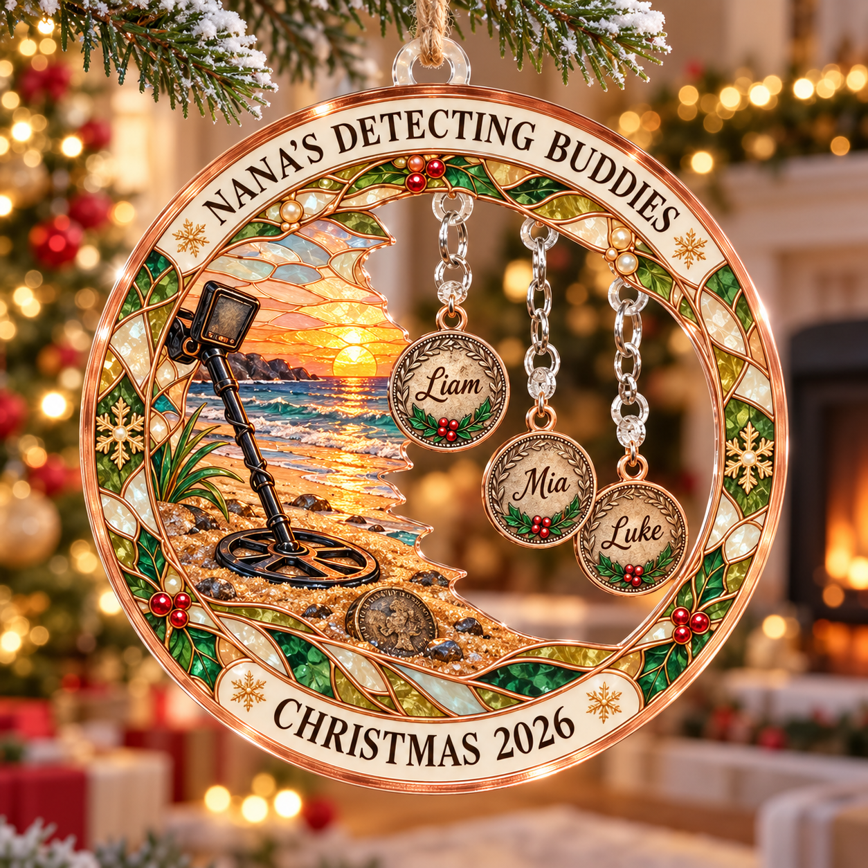 Stained-glass acrylic Christmas ornament with "NANA'S DETECTING BUDDIES" and personalised name charms