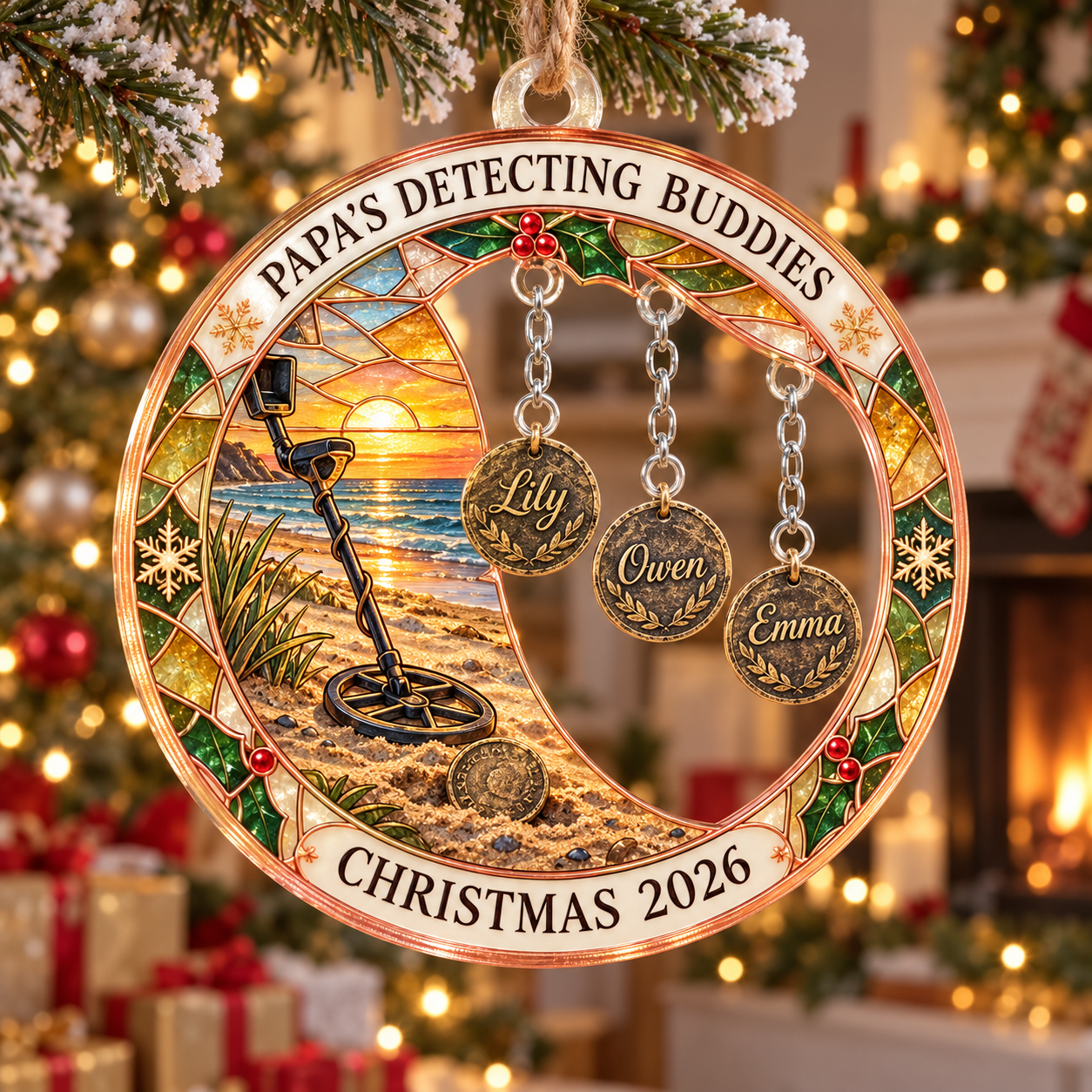 Stained-glass acrylic Christmas ornament with "PAPA'S DETECTING BUDDIES" and personalised name charms