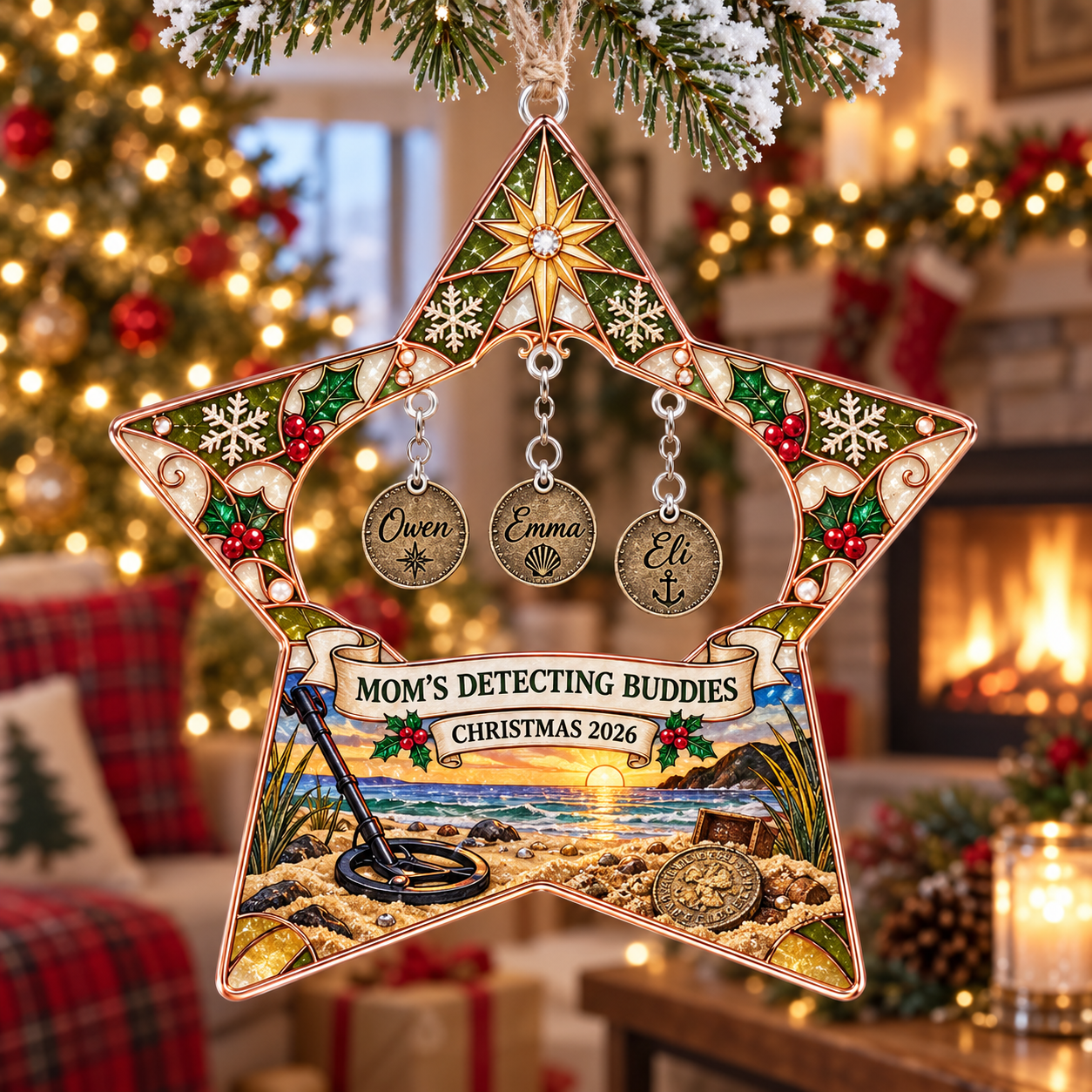 Stained-glass acrylic Christmas ornament with "MOM'S DETECTING BUDDIES" and personalised name charms