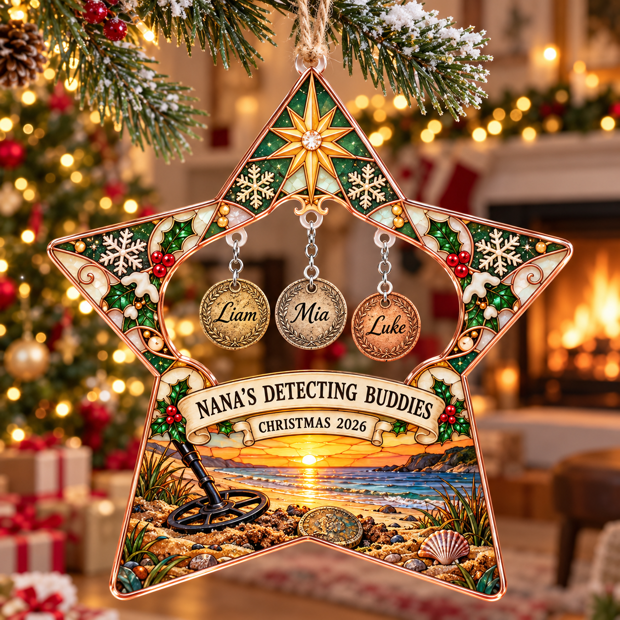 Stained-glass acrylic Christmas ornament with "NANA'S DETECTING BUDDIES" and personalised name charms