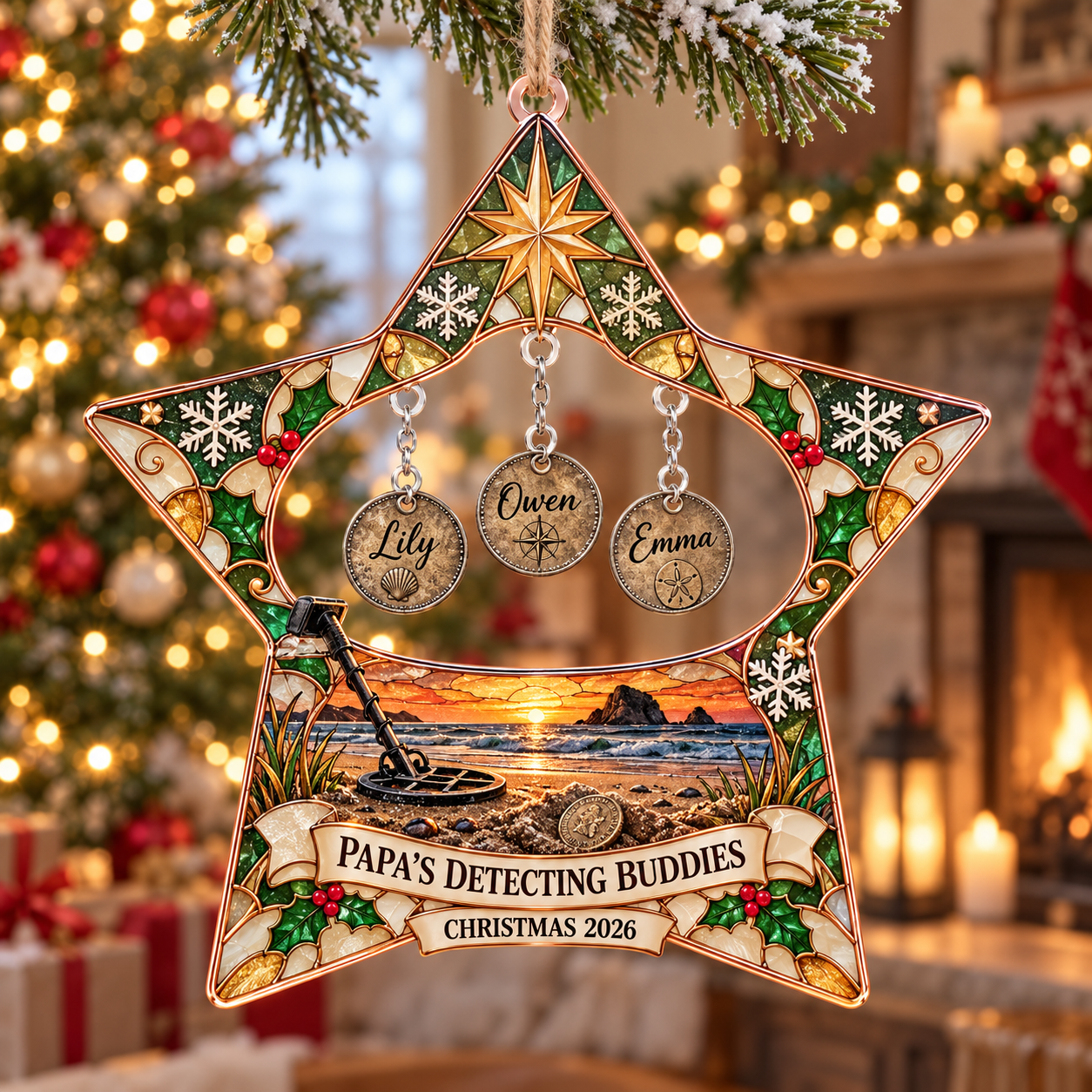 Stained-glass acrylic Christmas ornament with "PAPA'S DETECTING BUDDIES" and personalised name charms