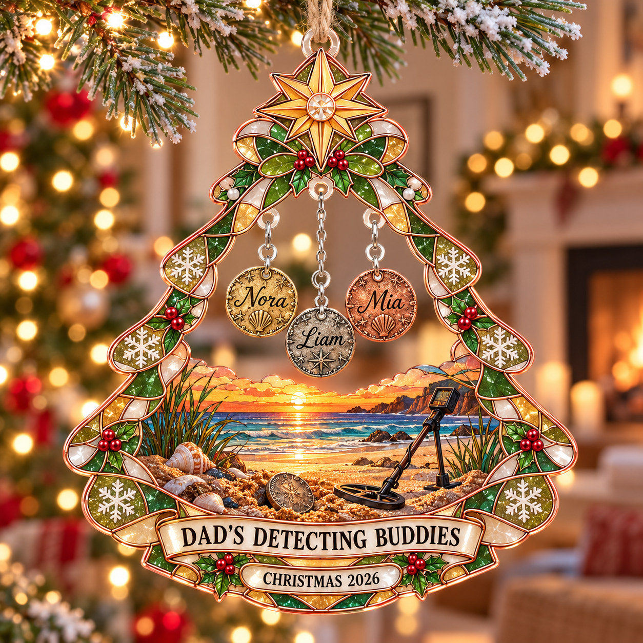 Stained-glass acrylic Christmas ornament with "DAD'S DETECTING BUDDIES" and personalised name charms