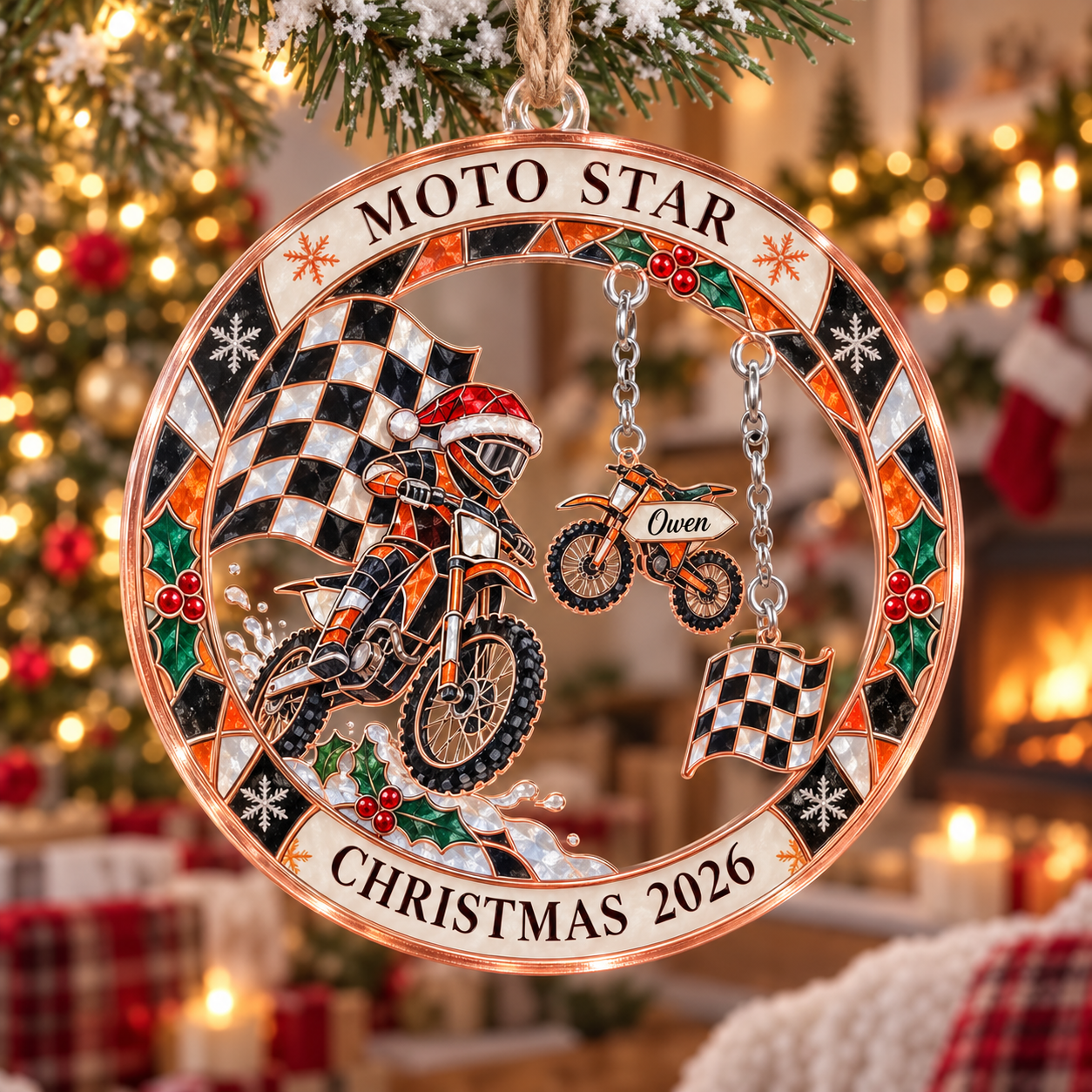 Stained-glass acrylic Christmas ornament with "MOTO STAR" and personalised name charms