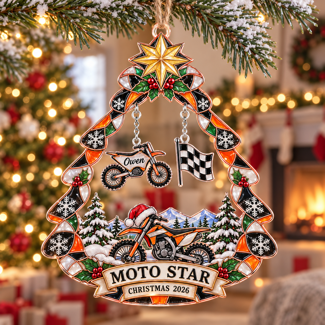 Stained-glass acrylic Christmas ornament with "MOTO STAR" and personalised name charms