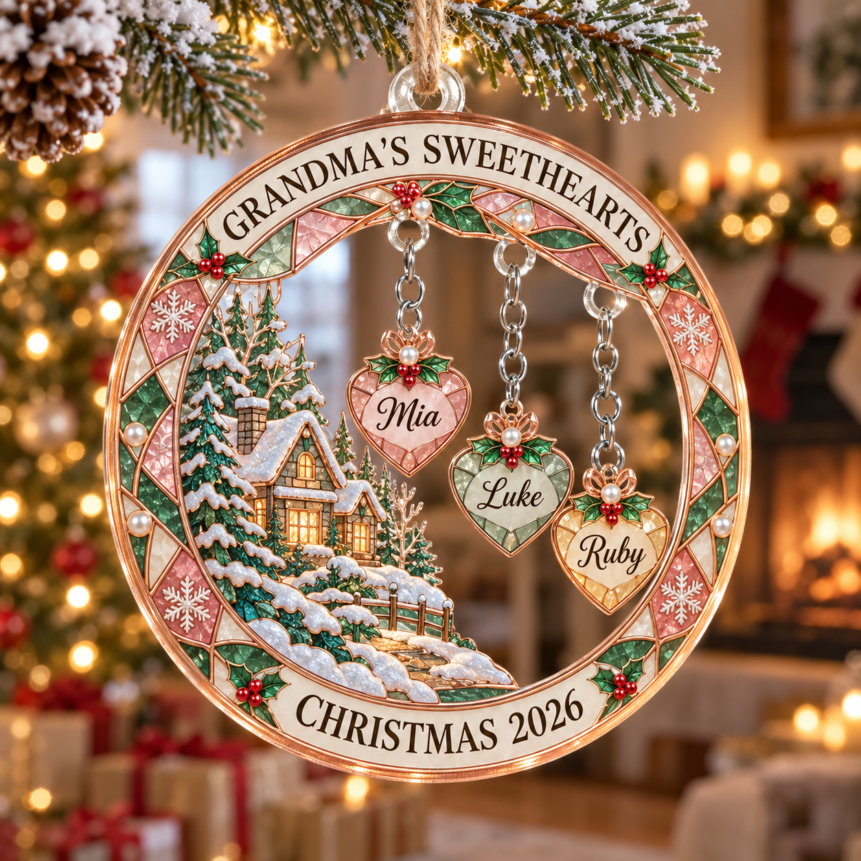 Stained-glass acrylic Christmas ornament with "GRANDMA'S SWEETHEARTS" and personalised name charms