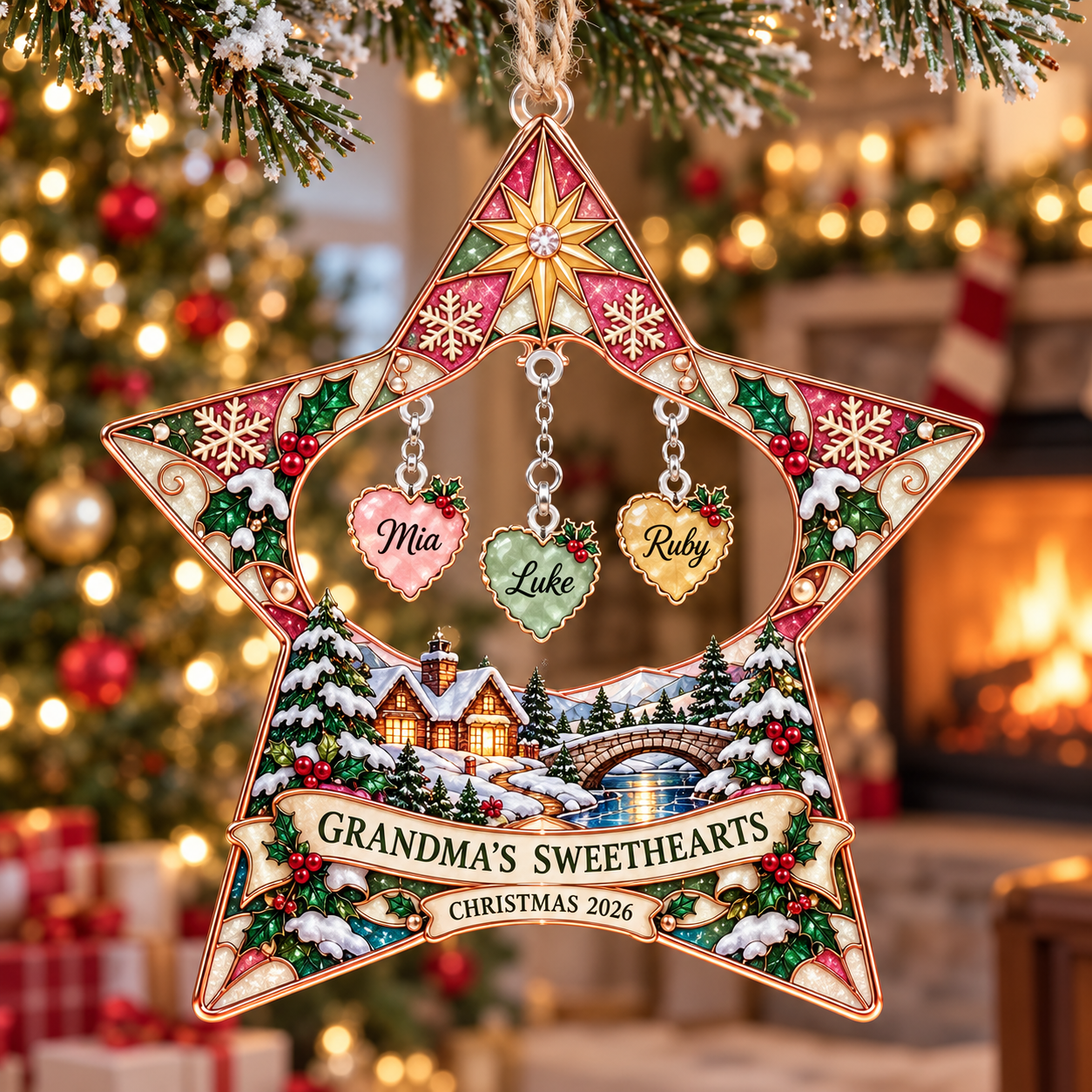 Stained-glass acrylic Christmas ornament with "GRANDMA'S SWEETHEARTS" and personalised name charms