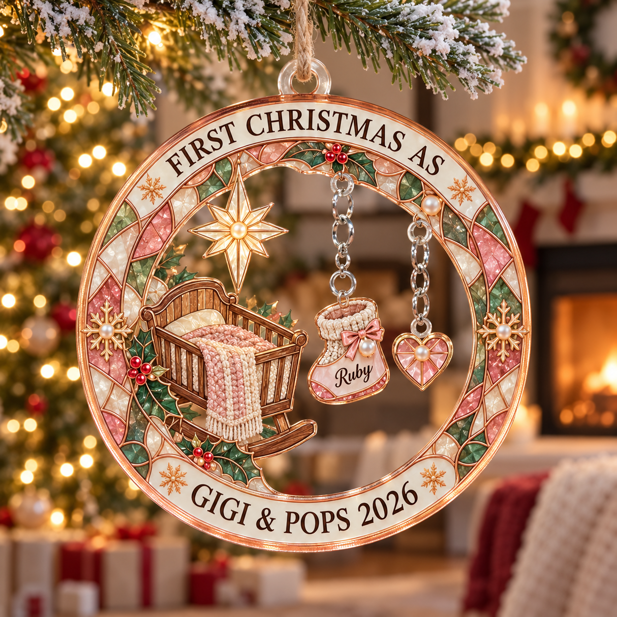 Stained-glass acrylic Christmas ornament with "GIGI & POPS 2026" and personalised name charms