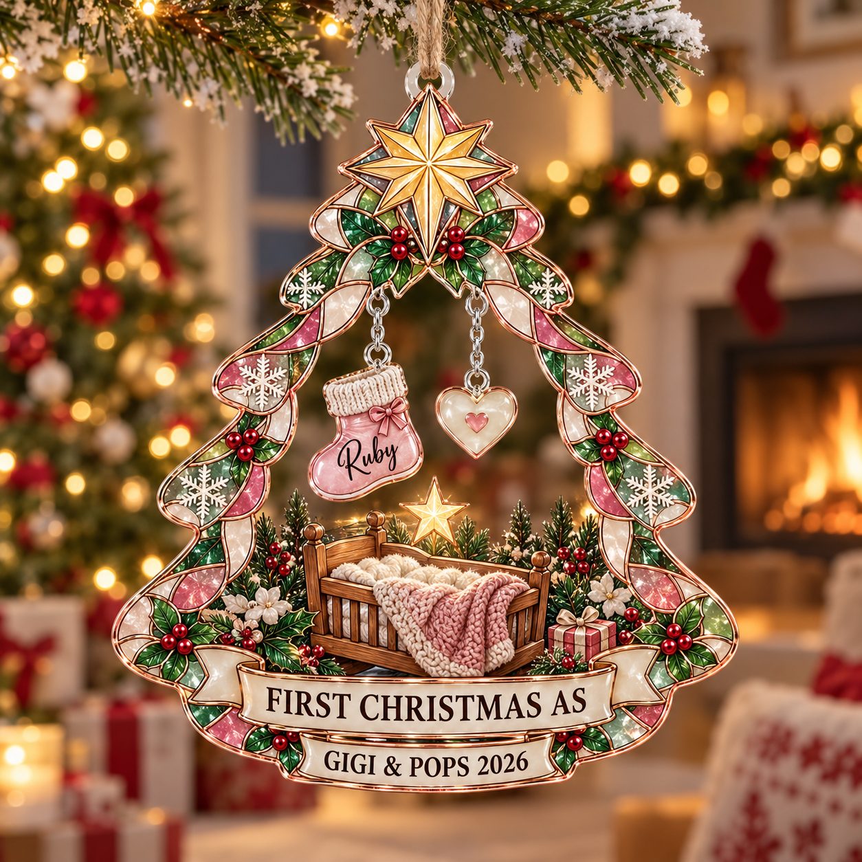 Stained-glass acrylic Christmas ornament with "GIGI & POPS 2026" and personalised name charms