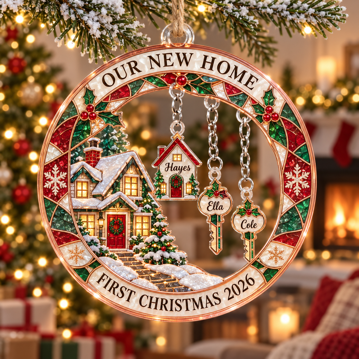 Stained-glass acrylic Christmas ornament with "OUR NEW HOME" and personalised name charms